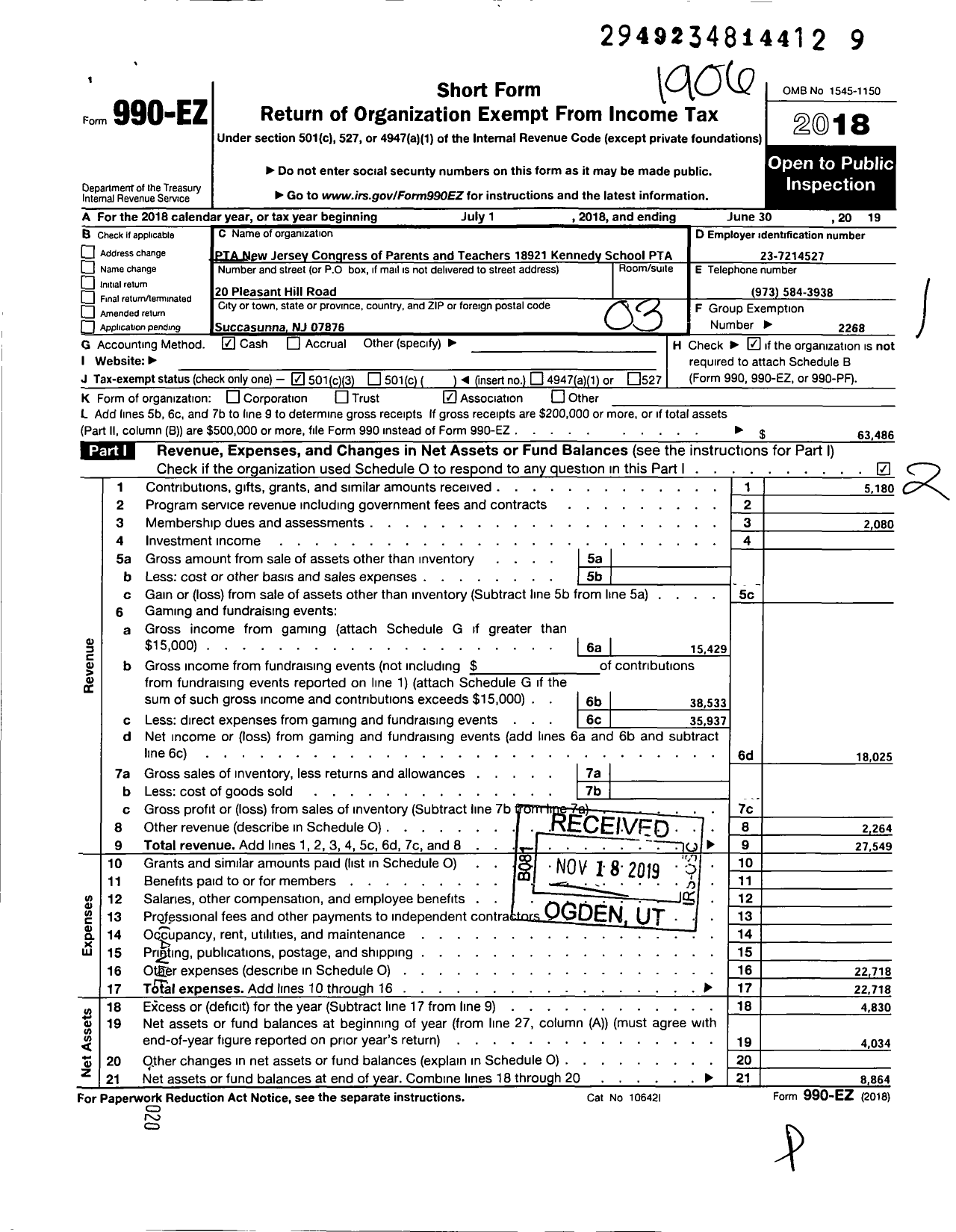 Image of first page of 2018 Form 990EZ for New Jersey PTA - 18921 Kennedy School PTA