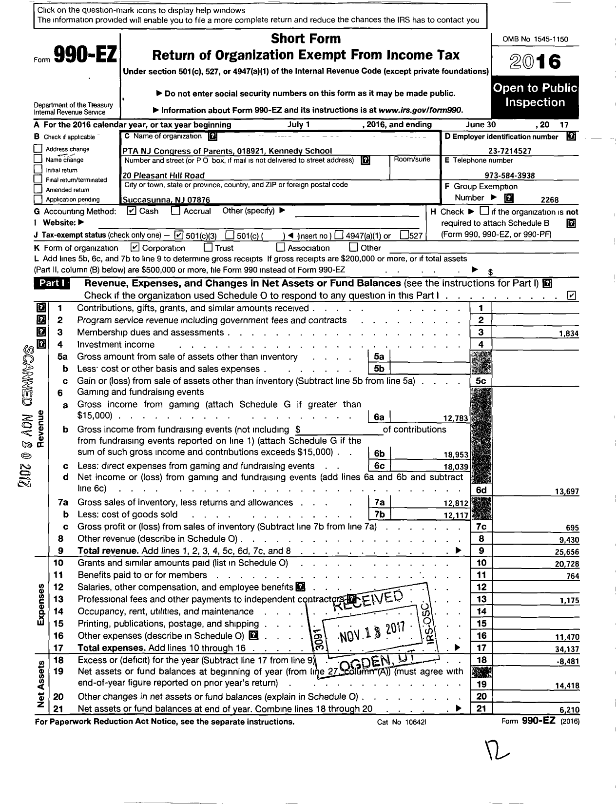 Image of first page of 2016 Form 990EZ for New Jersey PTA - 18921 Kennedy School PTA