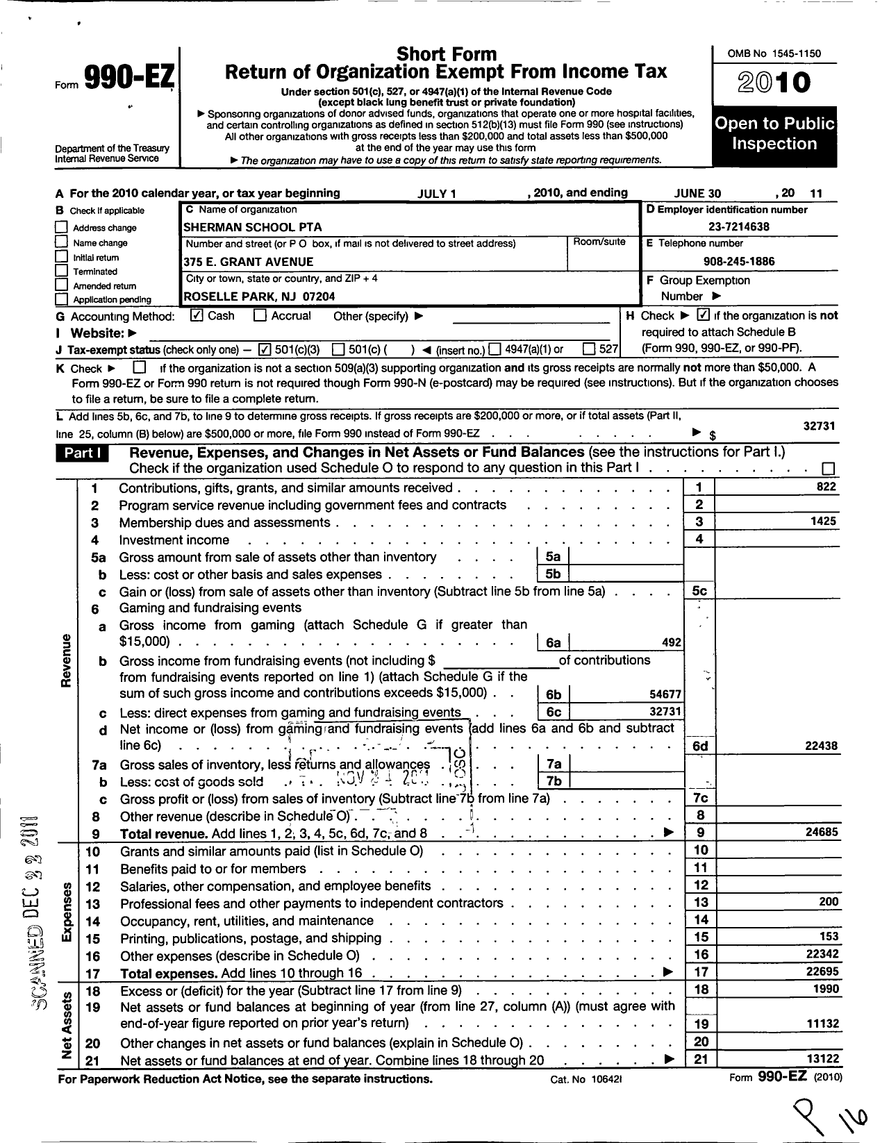 Image of first page of 2010 Form 990EZ for New Jersey PTA - 18720 Sherman School PTA