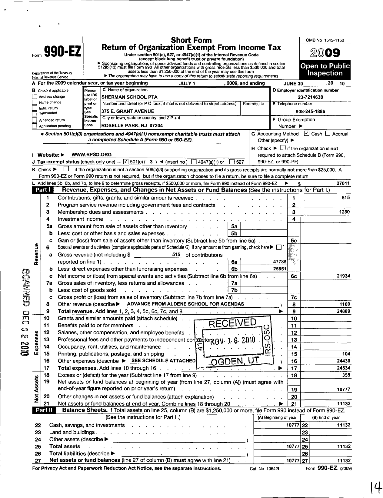 Image of first page of 2009 Form 990EZ for New Jersey PTA - 18720 Sherman School PTA