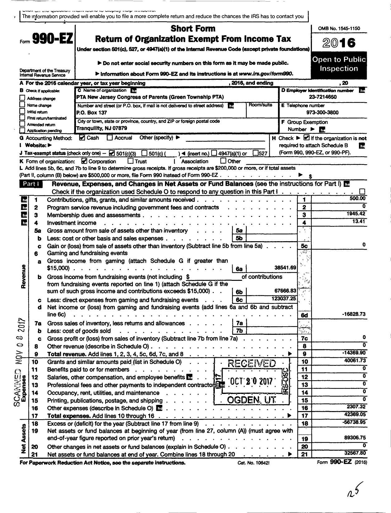 Image of first page of 2016 Form 990EZ for New Jersey PTA - 18892 Green TWP PTA