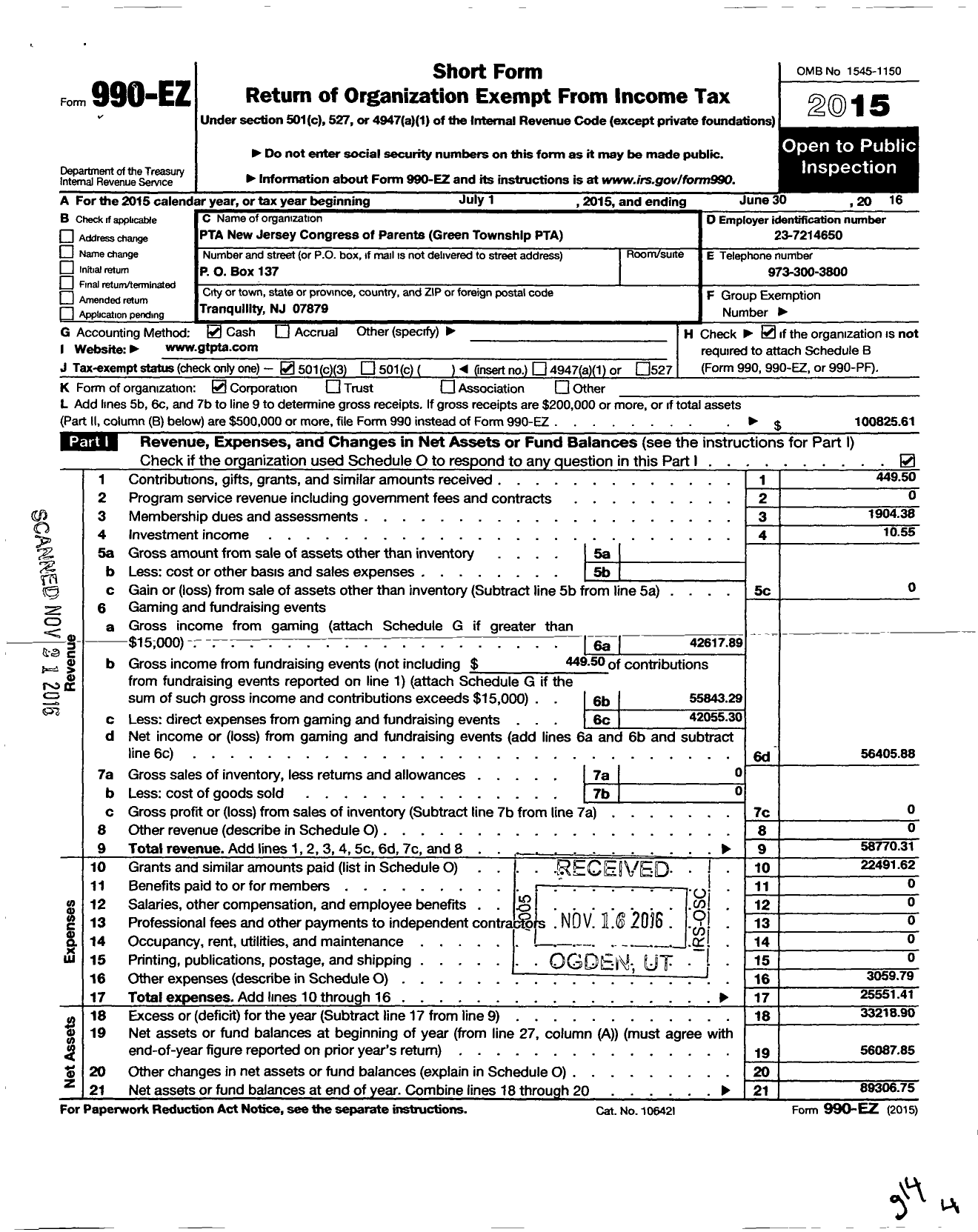 Image of first page of 2015 Form 990EZ for New Jersey PTA - 18892 Green TWP PTA