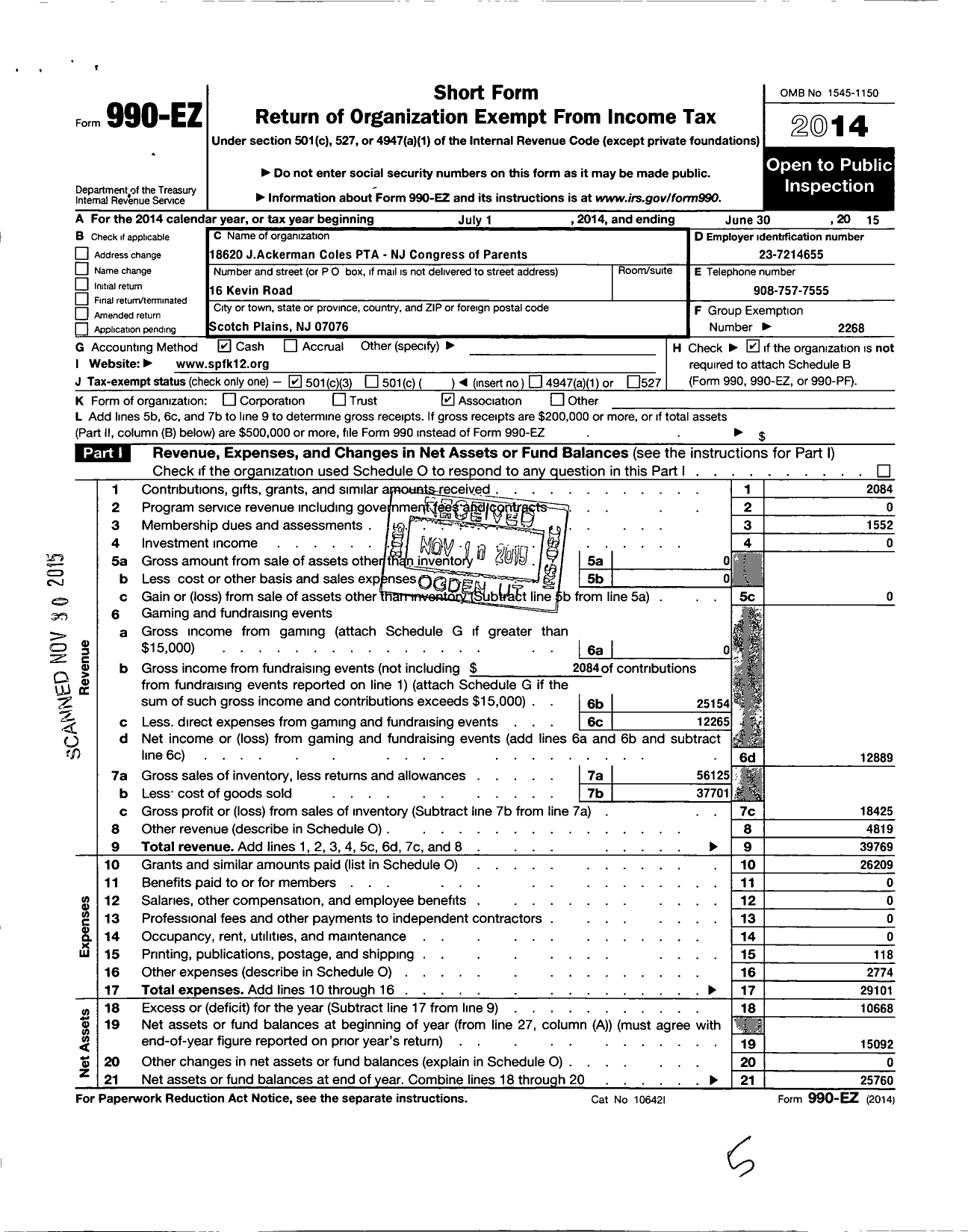 Image of first page of 2014 Form 990EZ for New Jersey PTA - 18620 J Ackerman Coles School PTA