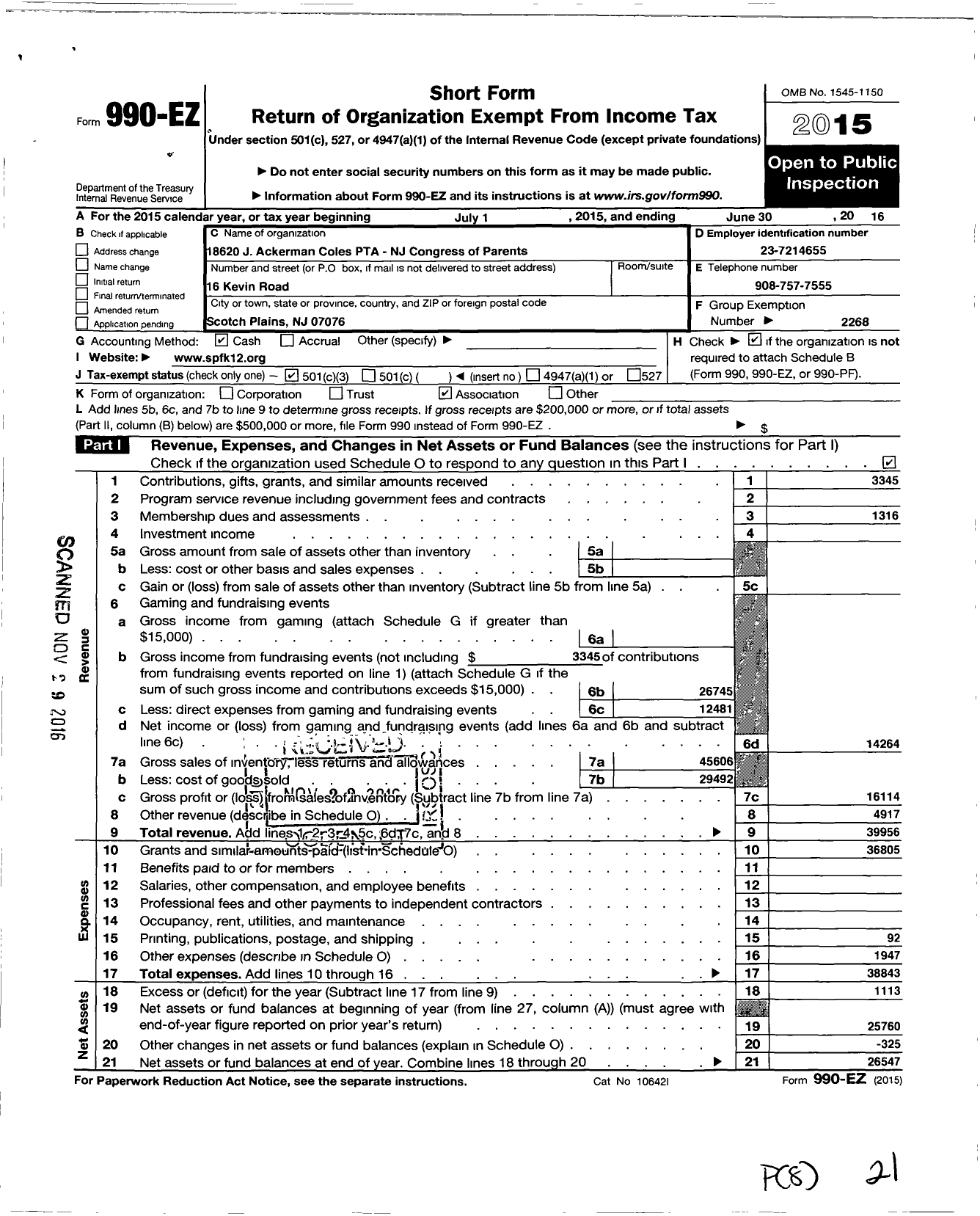 Image of first page of 2015 Form 990EZ for New Jersey PTA - 18620 J Ackerman Coles School PTA