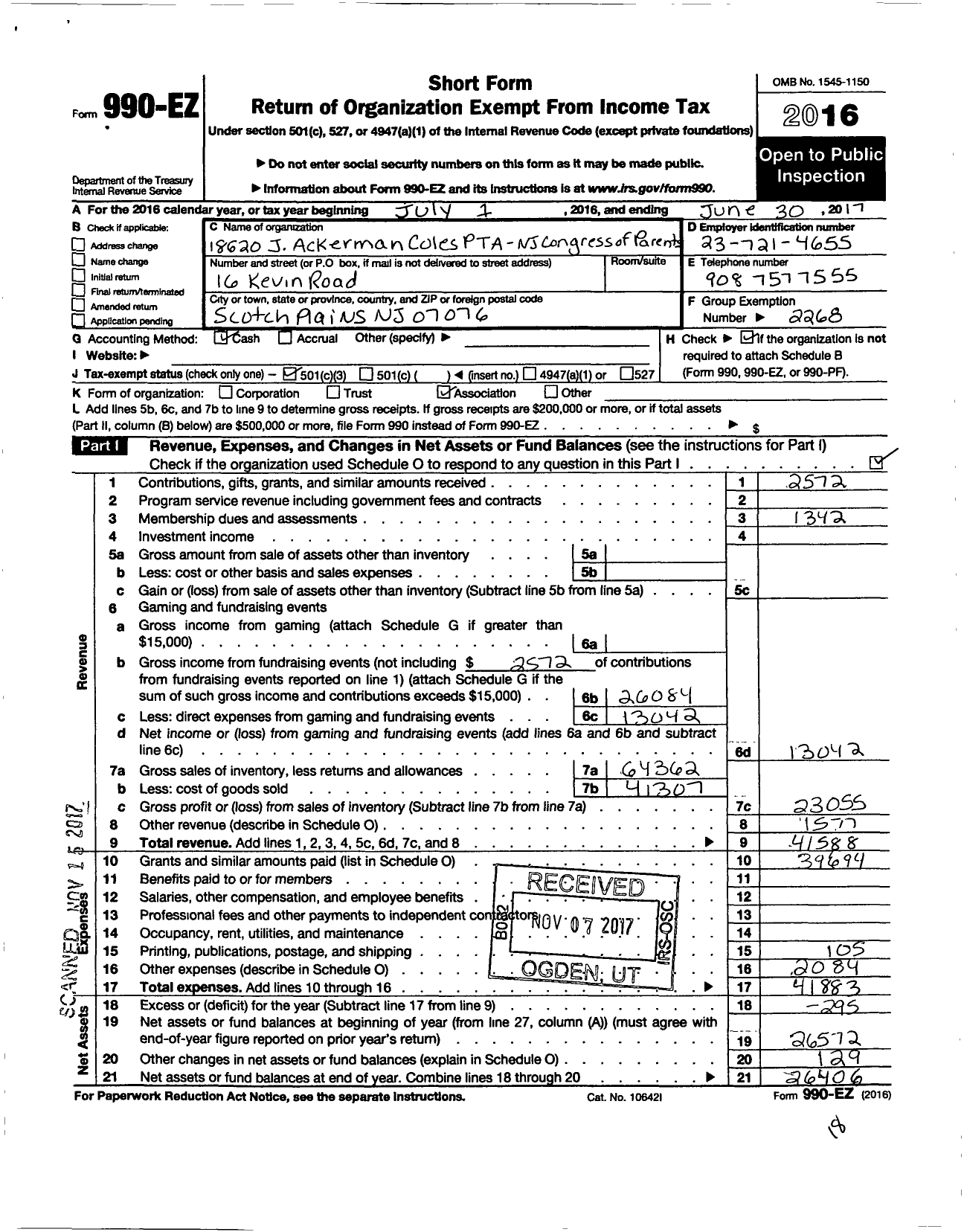 Image of first page of 2016 Form 990EZ for New Jersey PTA - 18620 J Ackerman Coles School PTA