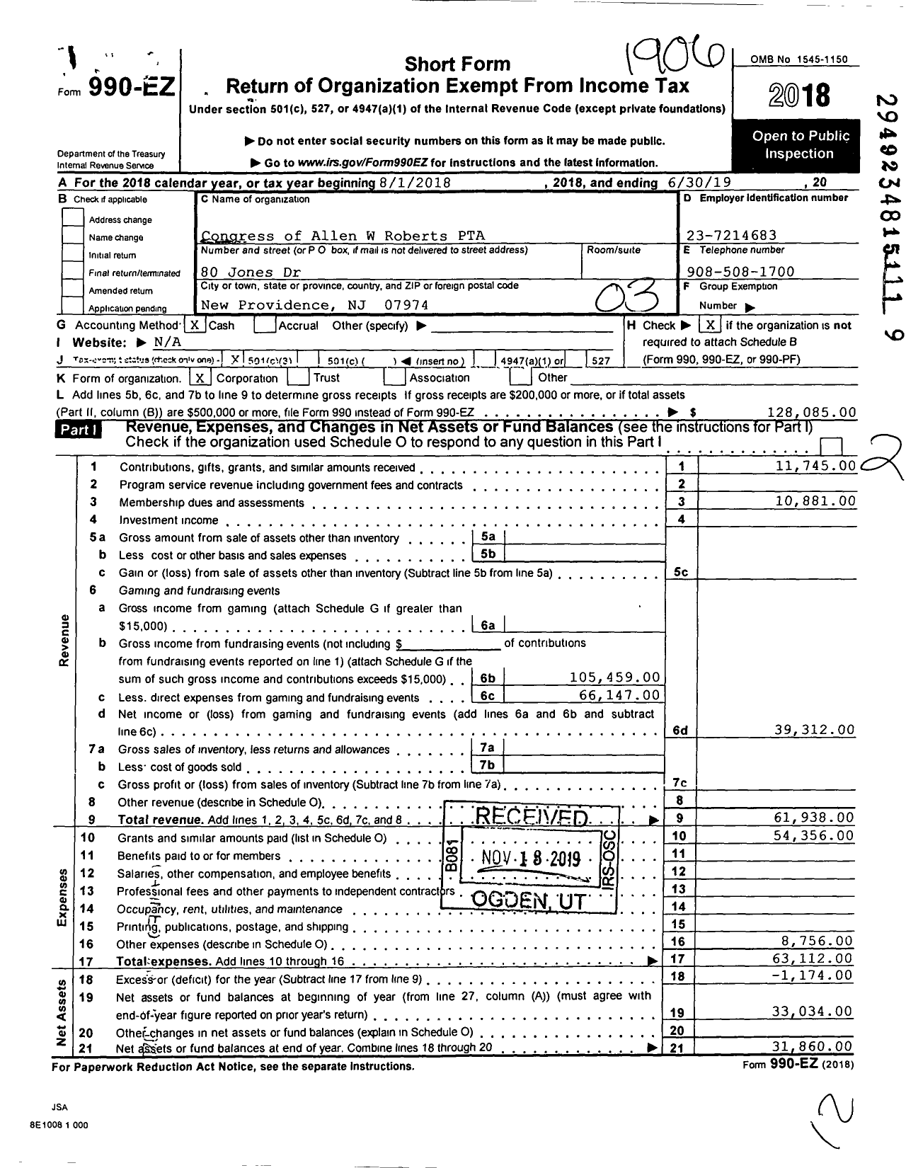 Image of first page of 2018 Form 990EZ for New Jersey PTA - 18946 Allen W Roberts PTA