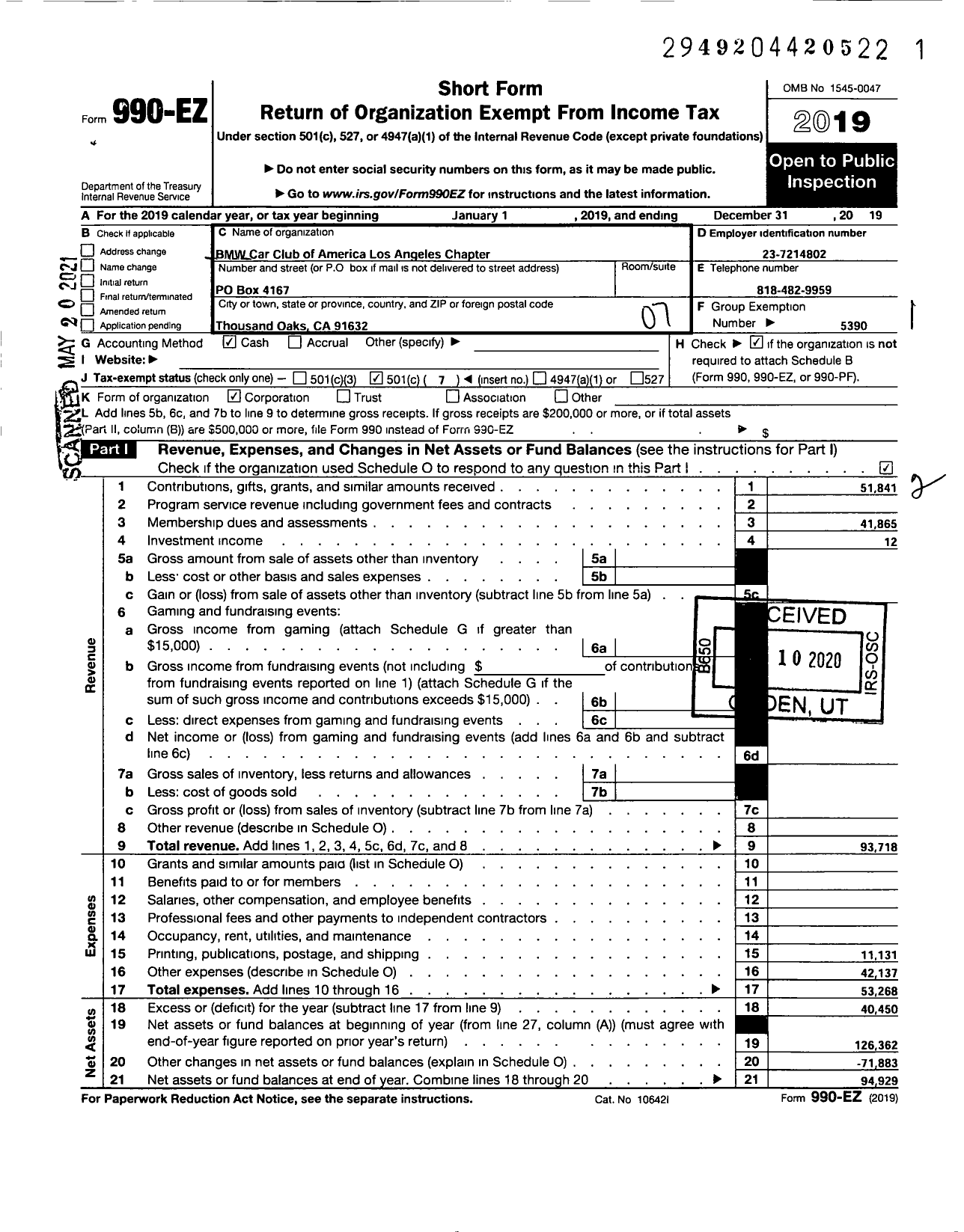 Image of first page of 2019 Form 990EO for BMW Car Club of America Los Angeles Chapter