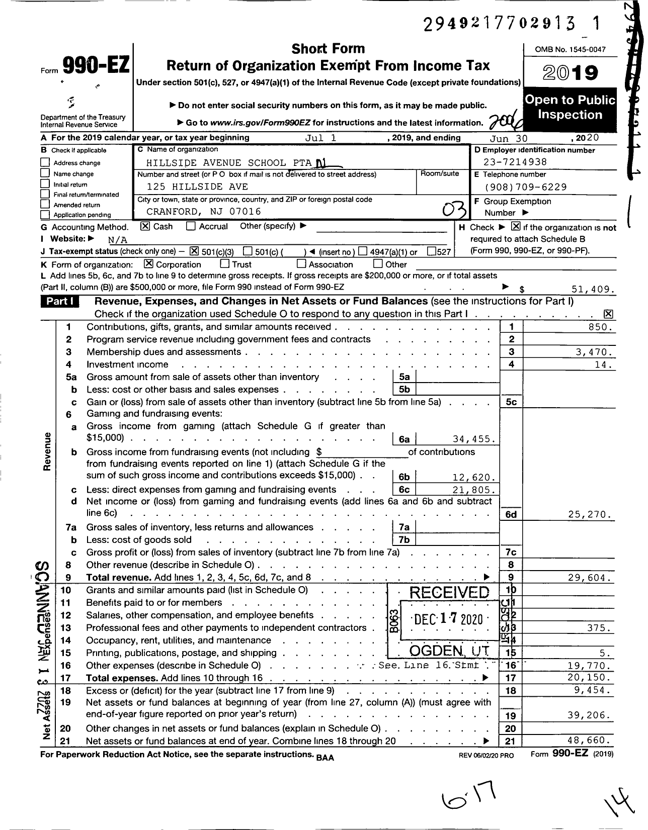 Image of first page of 2019 Form 990EZ for New Jersey PTA - 18473 Hillside Ave SCH PTA