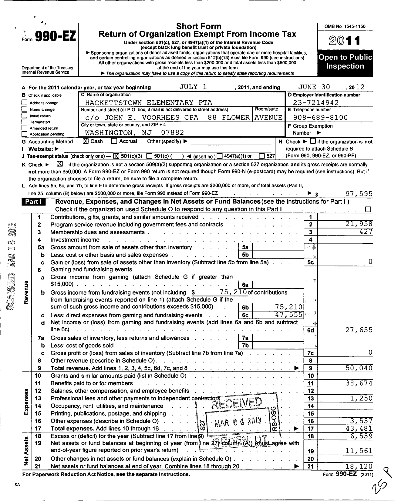 Image of first page of 2011 Form 990EZ for New Jersey PTA - 18901 Hackettstown Elem PTA