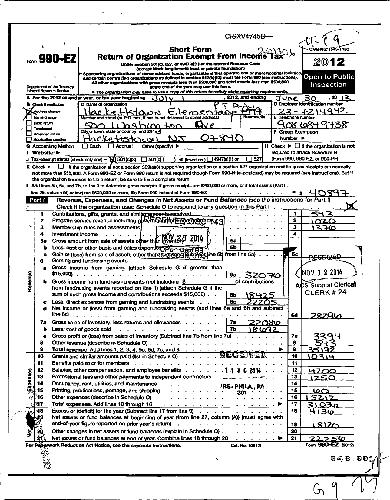 Image of first page of 2012 Form 990EZ for New Jersey PTA - 18901 Hackettstown Elem PTA