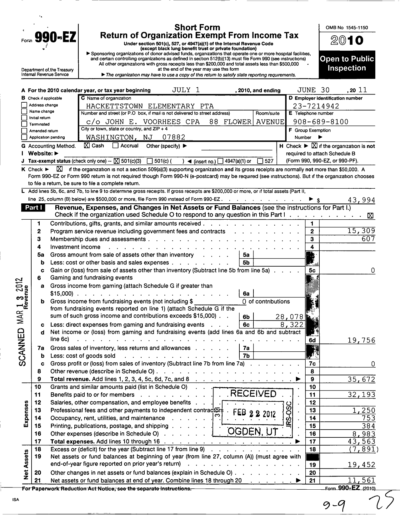 Image of first page of 2010 Form 990EZ for New Jersey PTA - 18901 Hackettstown Elem PTA