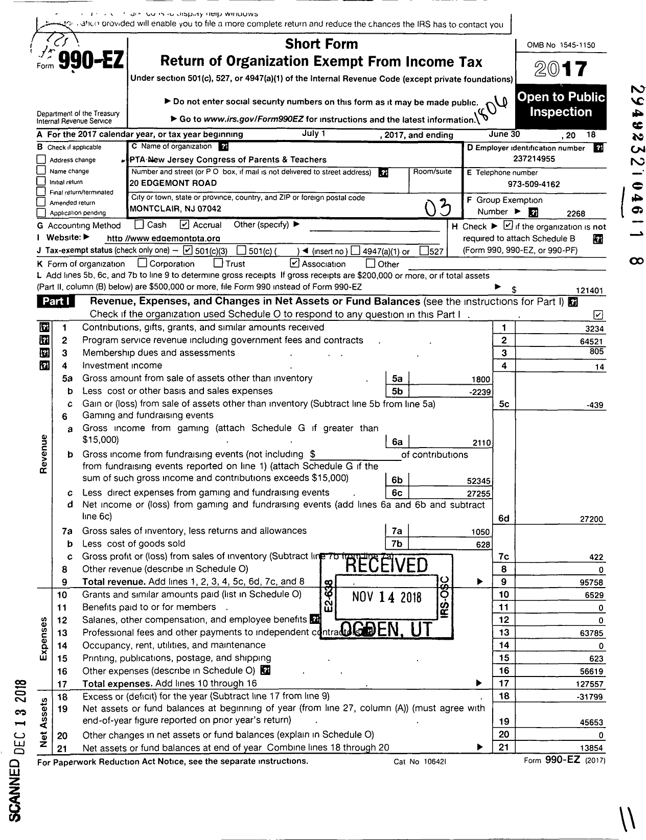 Image of first page of 2017 Form 990EZ for New Jersey PTA - 18543 Edgemont Montessori PTA