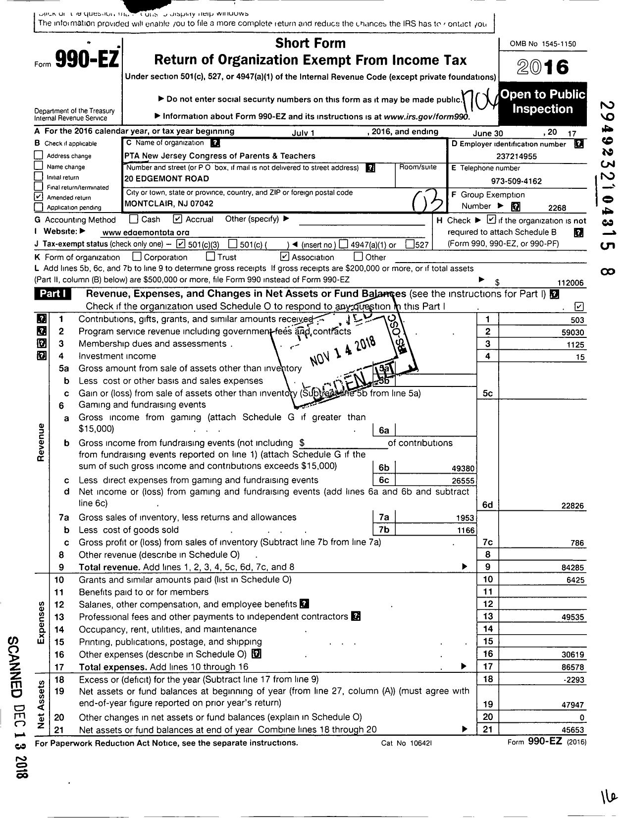 Image of first page of 2016 Form 990EZ for New Jersey PTA - 18543 Edgemont Montessori PTA