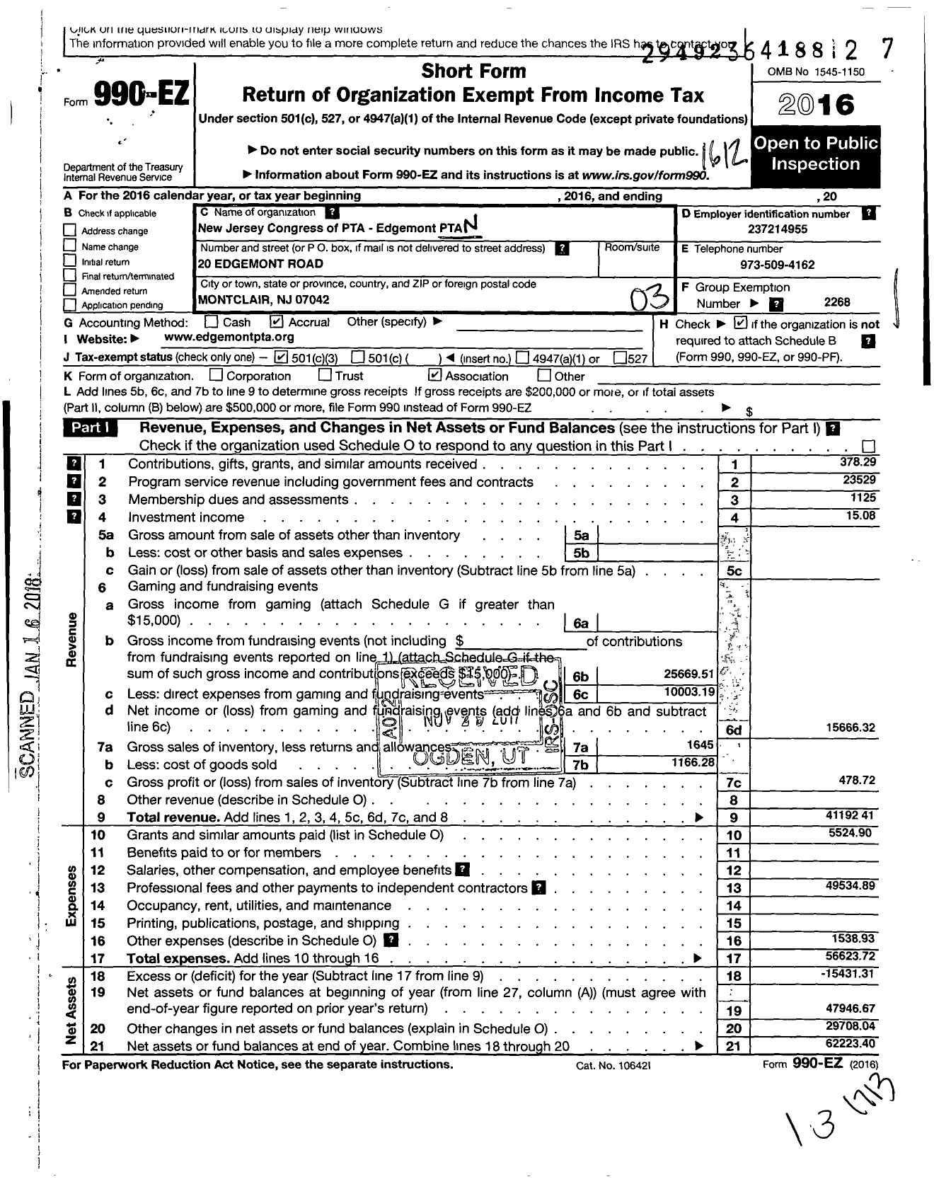 Image of first page of 2016 Form 990EZ for New Jersey PTA - 18543 Edgemont Montessori PTA