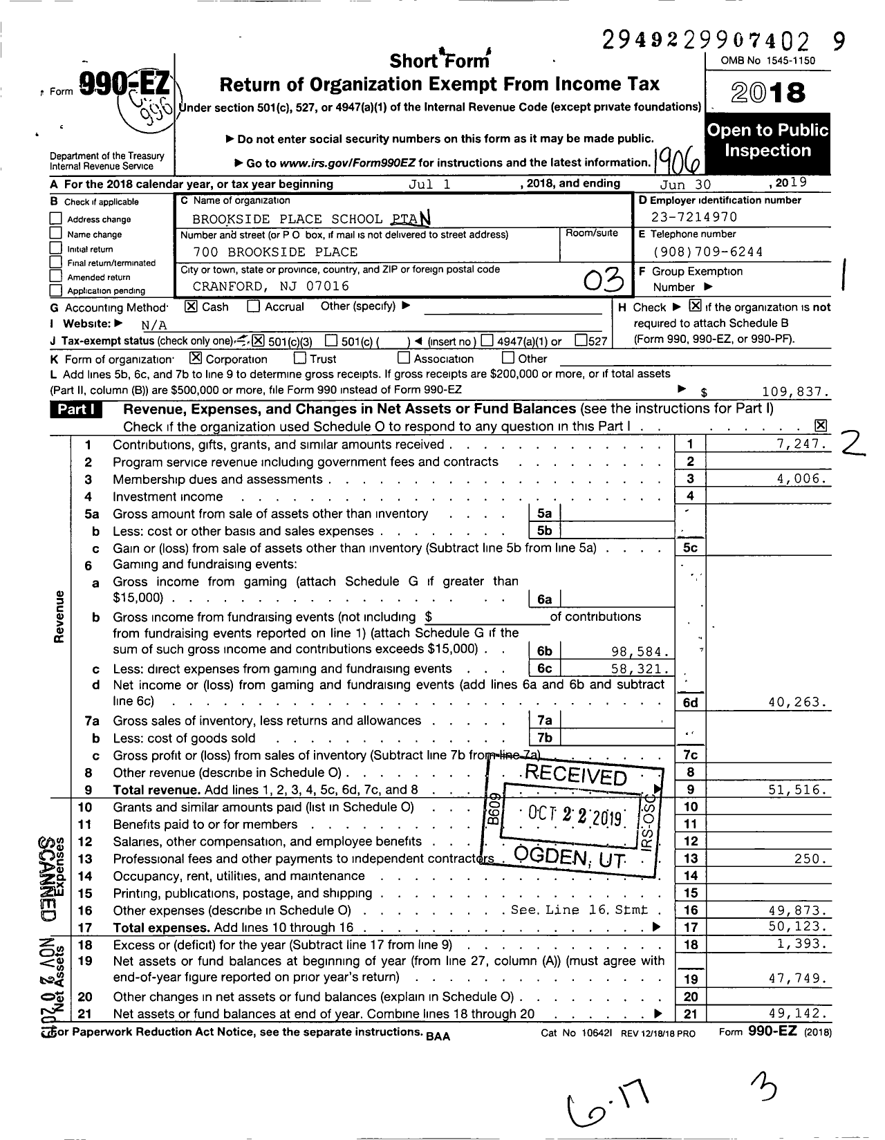 Image of first page of 2018 Form 990EZ for New Jersey PTA - 18476 Brookside Pl School PTA