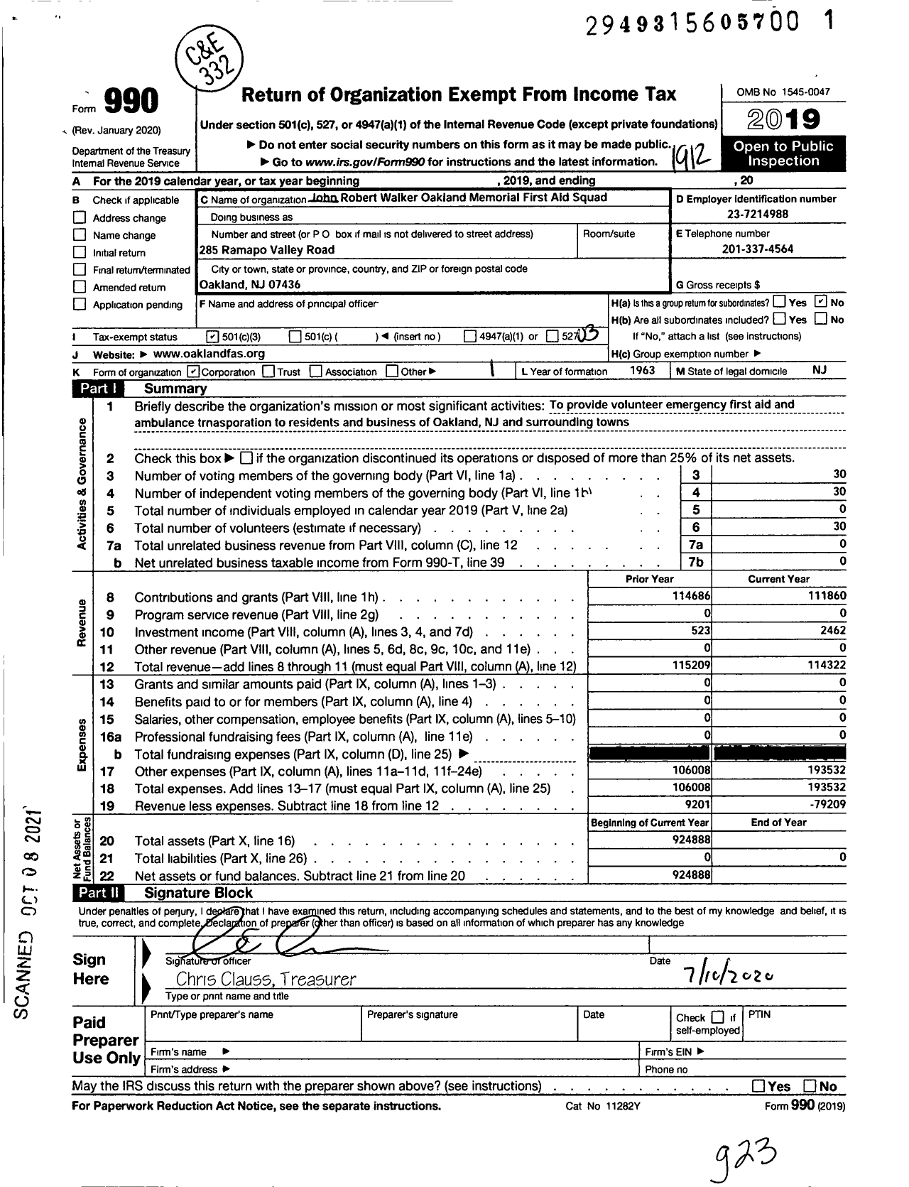 Image of first page of 2019 Form 990 for John Robert Walker Memorial Oakland First Aid Squad