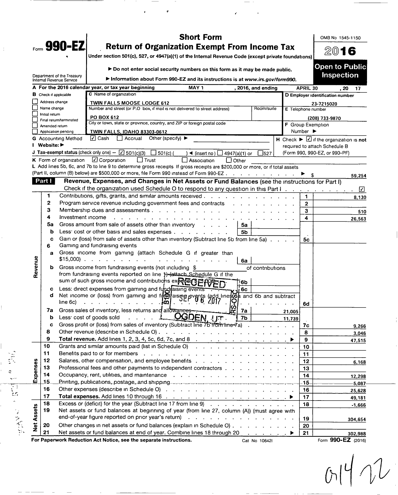 Image of first page of 2016 Form 990EZ for Loyal Order of Moose - 612