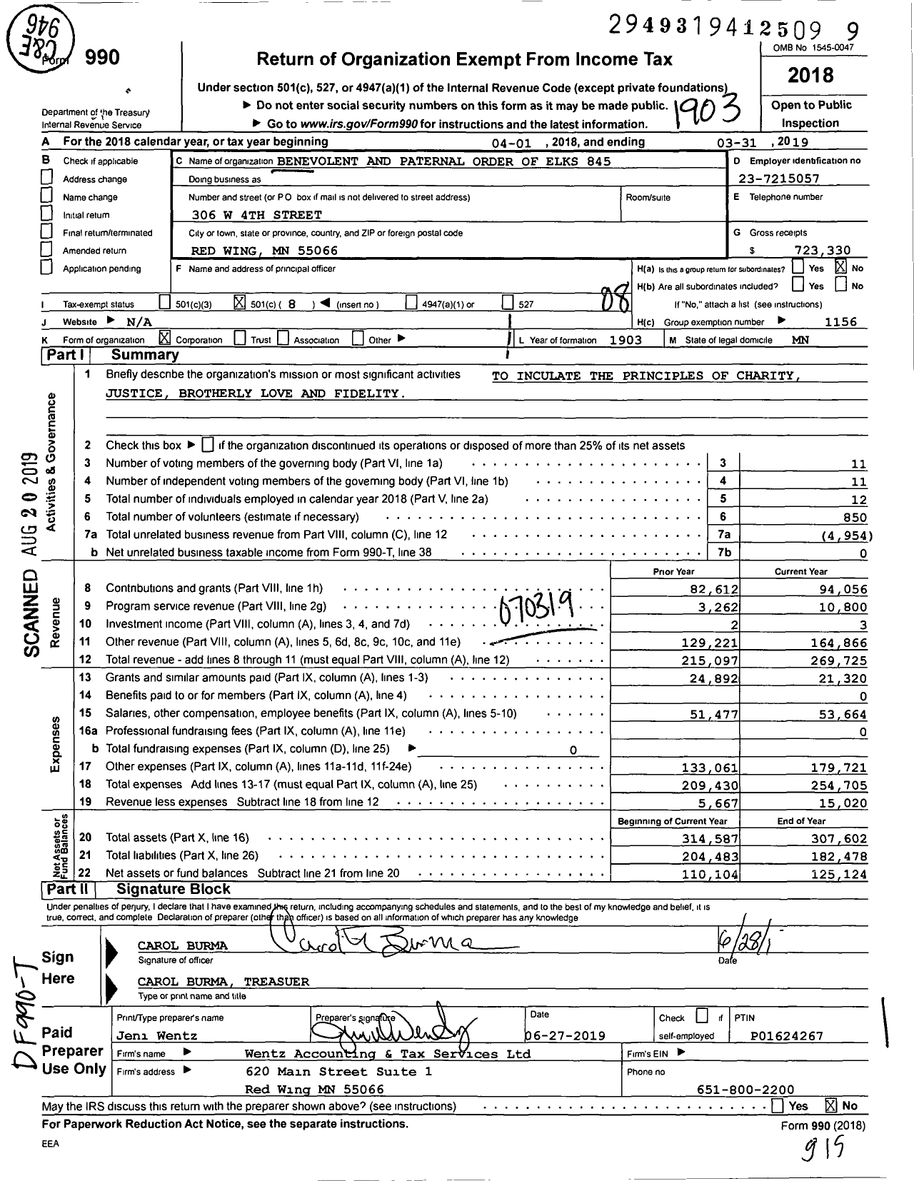 Image of first page of 2018 Form 990O for Benevolent and Protective Order of Elks - 0845 Red Wing