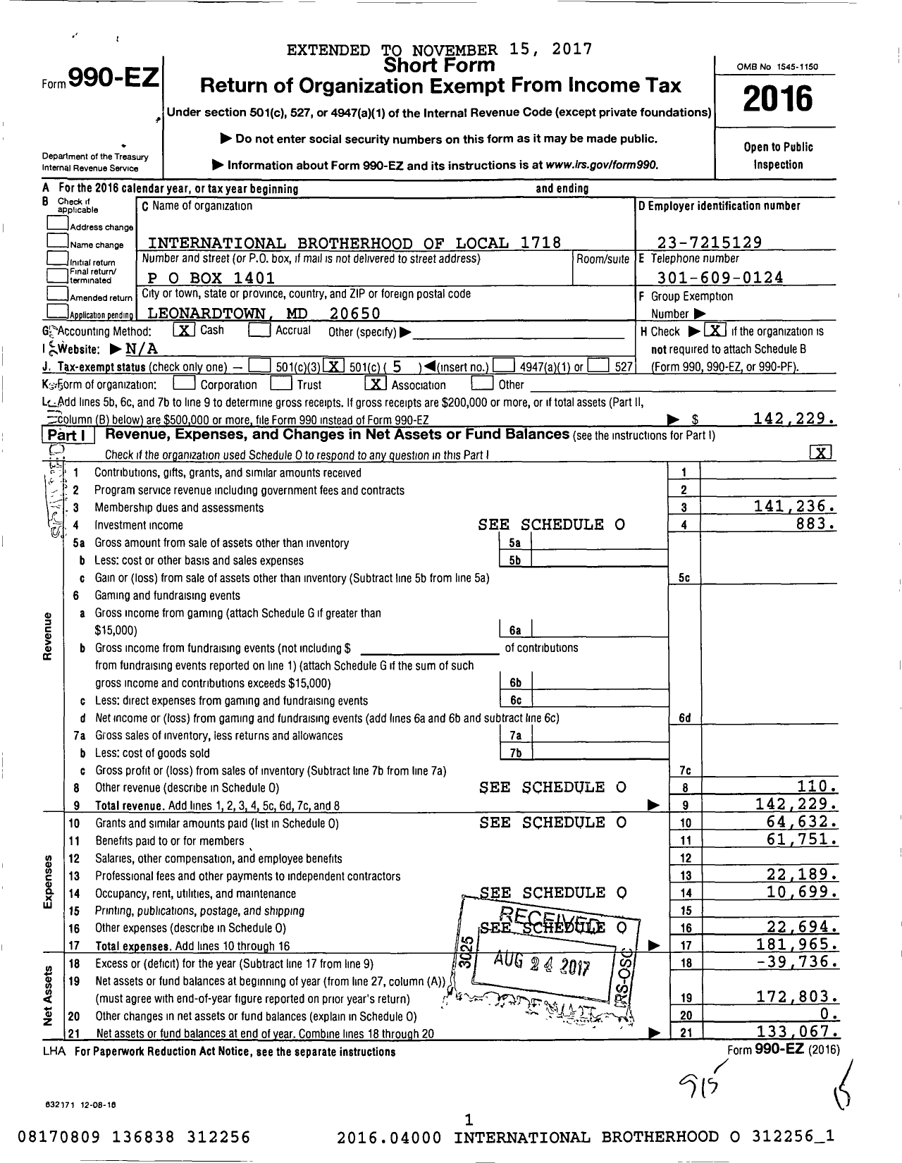 Image of first page of 2016 Form 990EO for International Brotherhood of Electrical Workers - 1718 Local Union