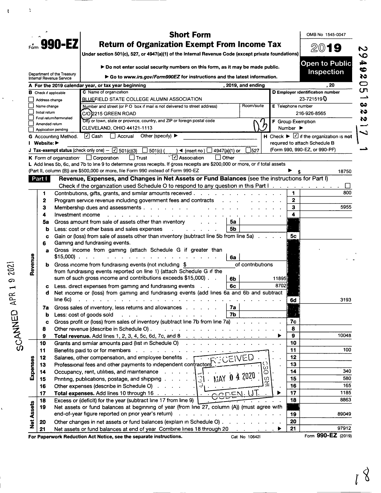 Image of first page of 2019 Form 990EZ for Bluefield State University Alumni Association