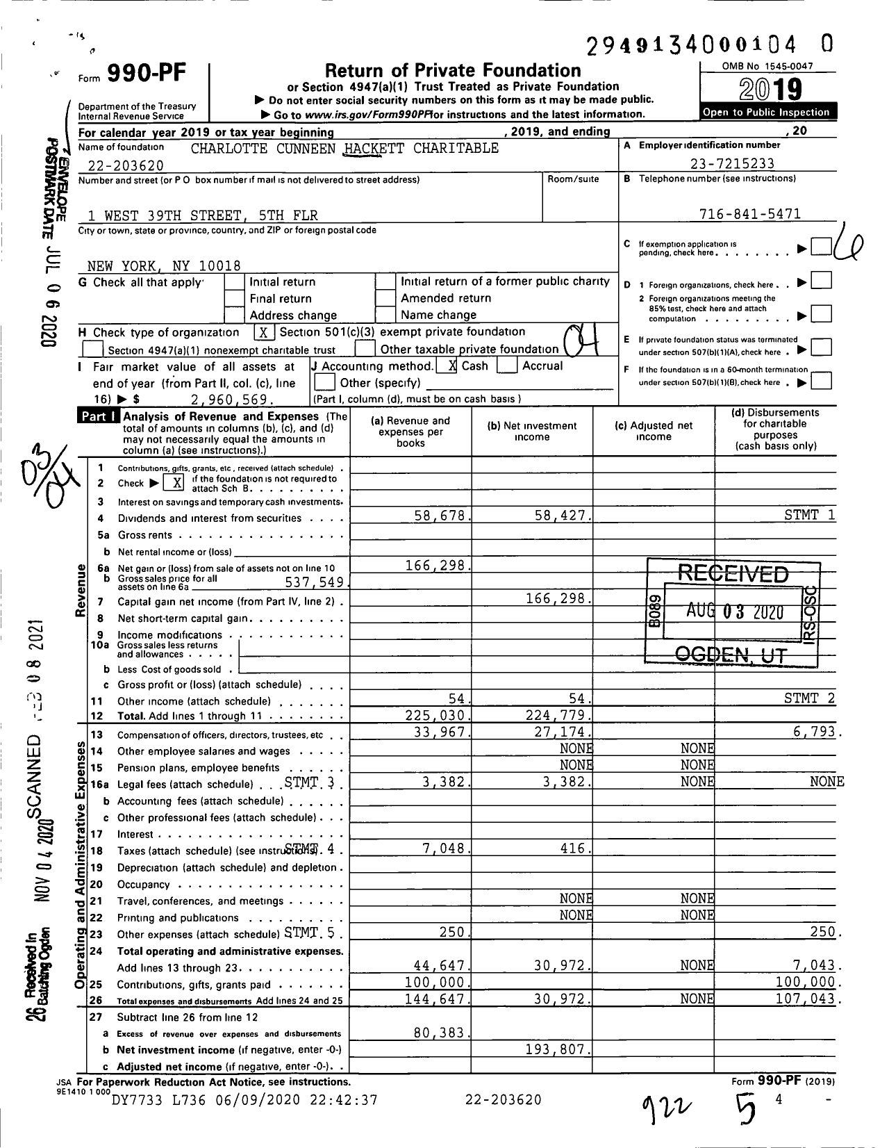 Image of first page of 2019 Form 990PF for Charlotte Cunneen Hackett Charitable