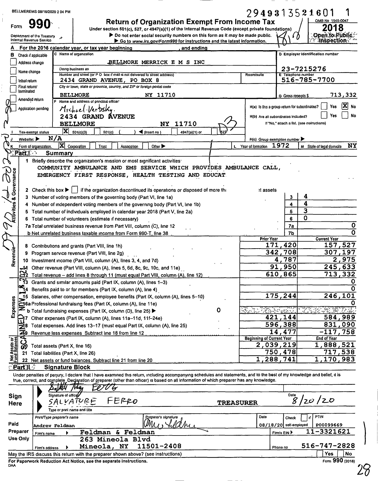 Image of first page of 2018 Form 990 for Bellmore Merrick Ems