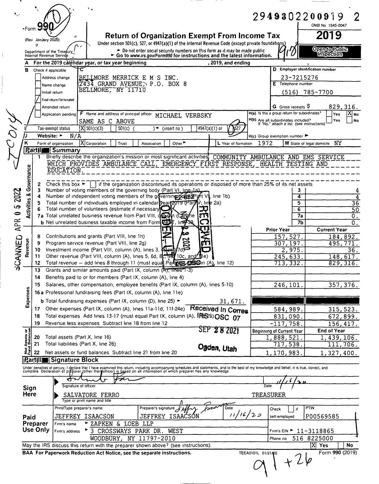 Image of first page of 2019 Form 990 for Bellmore Merrick Ems