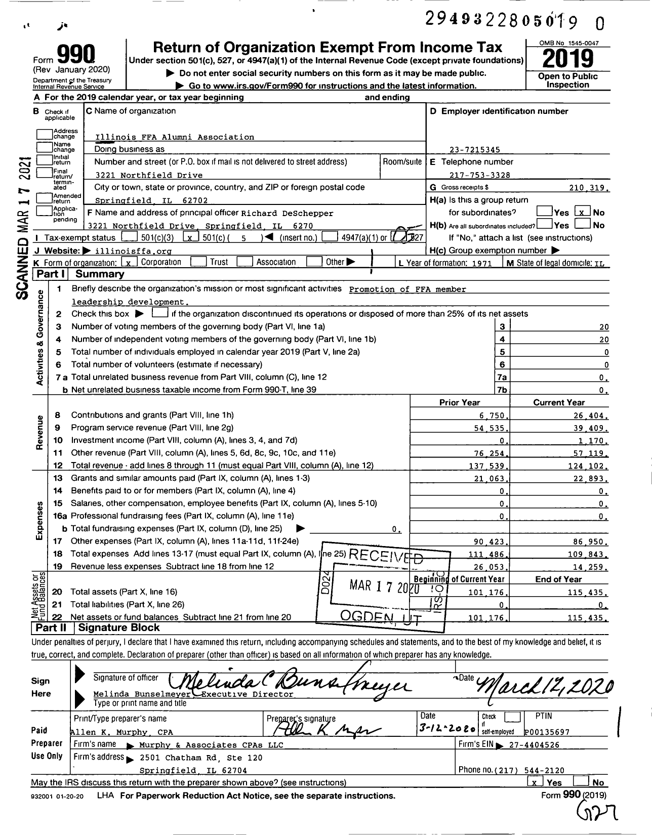 Image of first page of 2019 Form 990O for Illinois FFA Alumni Association