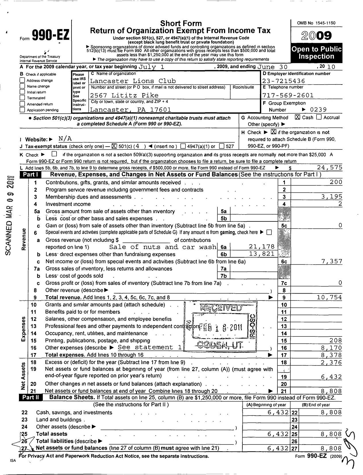 Image of first page of 2009 Form 990EO for Lions Clubs - Lancaster