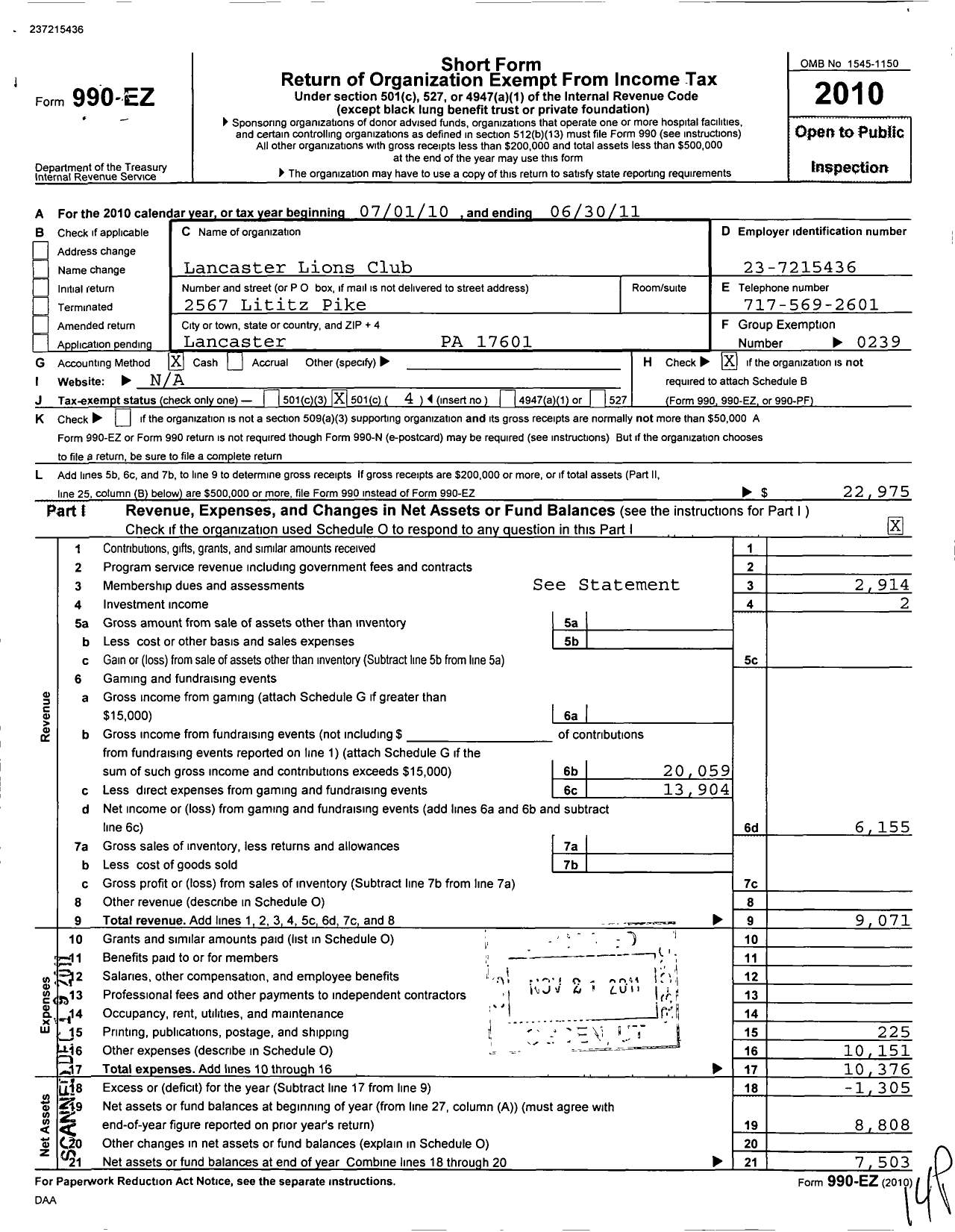 Image of first page of 2010 Form 990EO for Lions Clubs - Lancaster