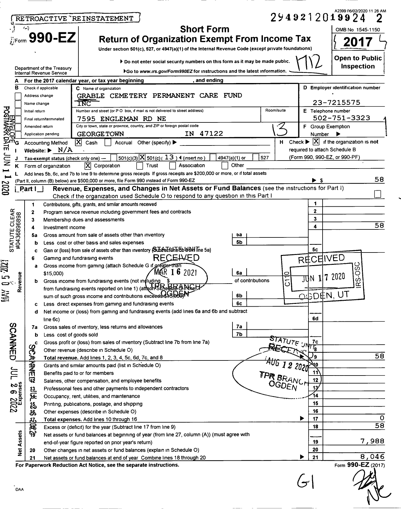 Image of first page of 2017 Form 990EO for Grable Cemetery Permanent Care Fund