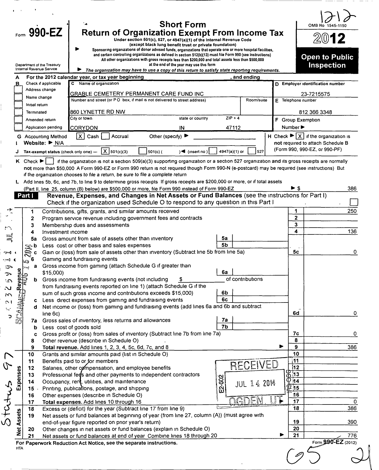 Image of first page of 2012 Form 990EZ for Grable Cemetery Permanent Care Fund