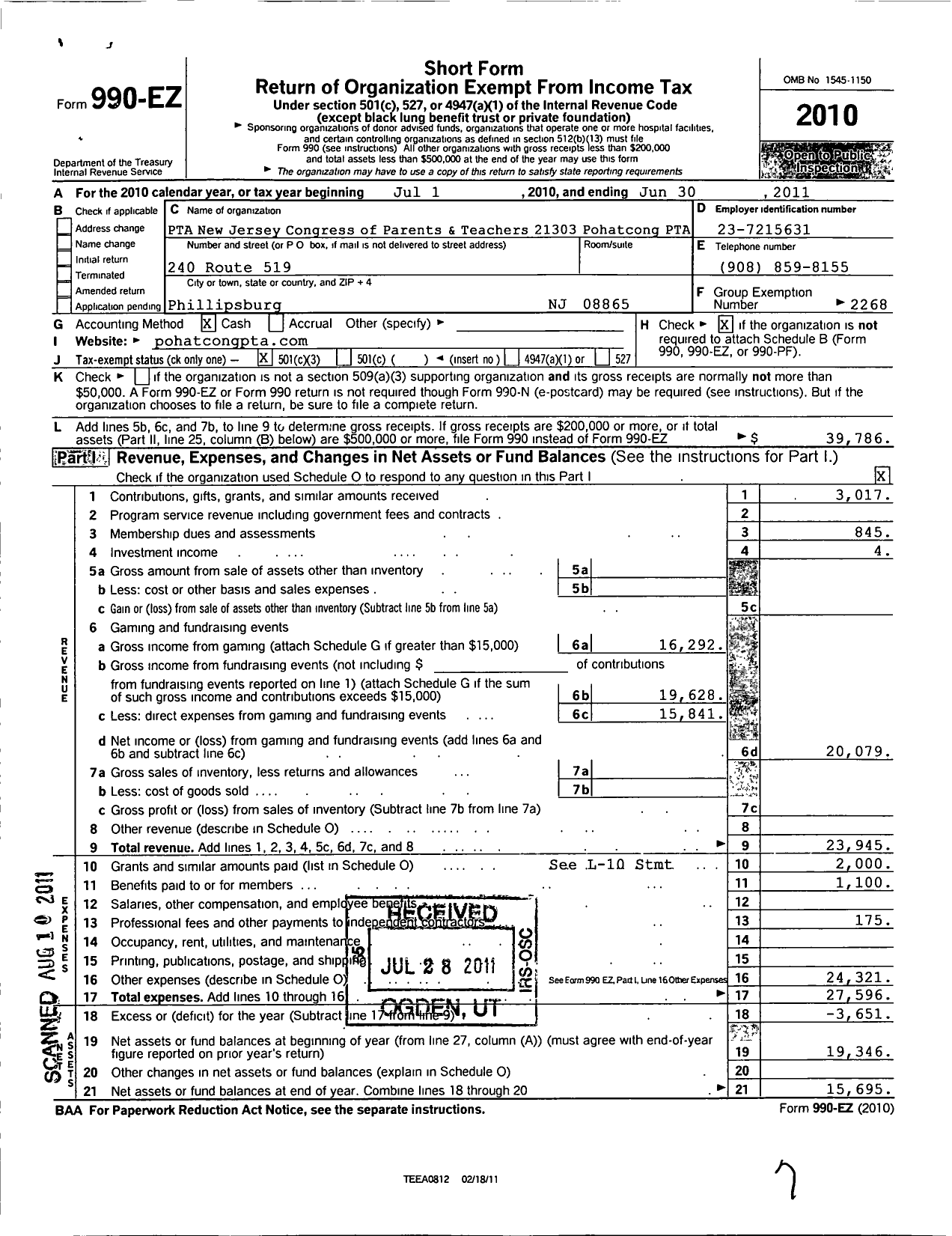 Image of first page of 2010 Form 990EZ for New Jersey PTA - 21303 Pohatcong PTA