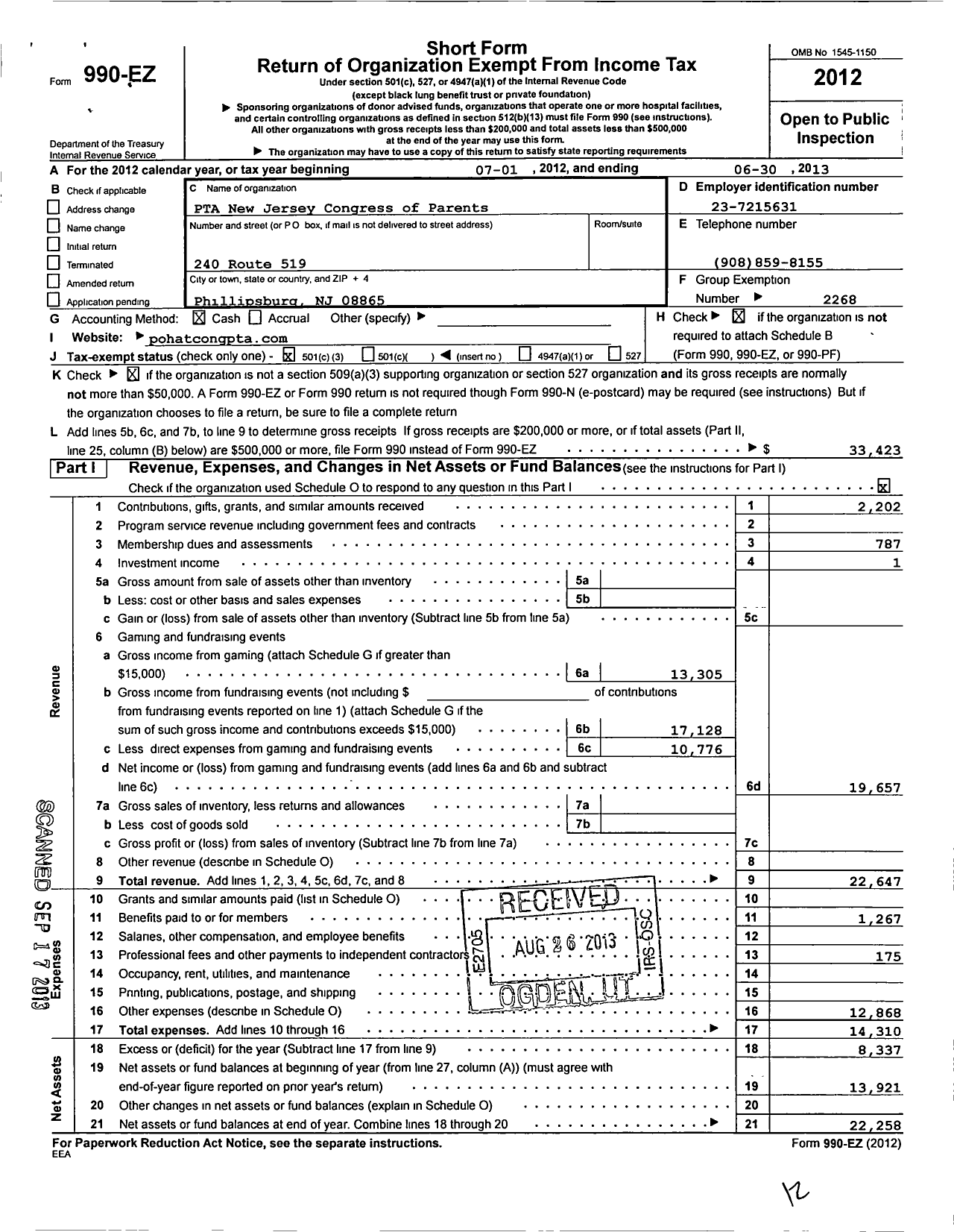 Image of first page of 2012 Form 990EZ for New Jersey PTA - 21303 Pohatcong PTA