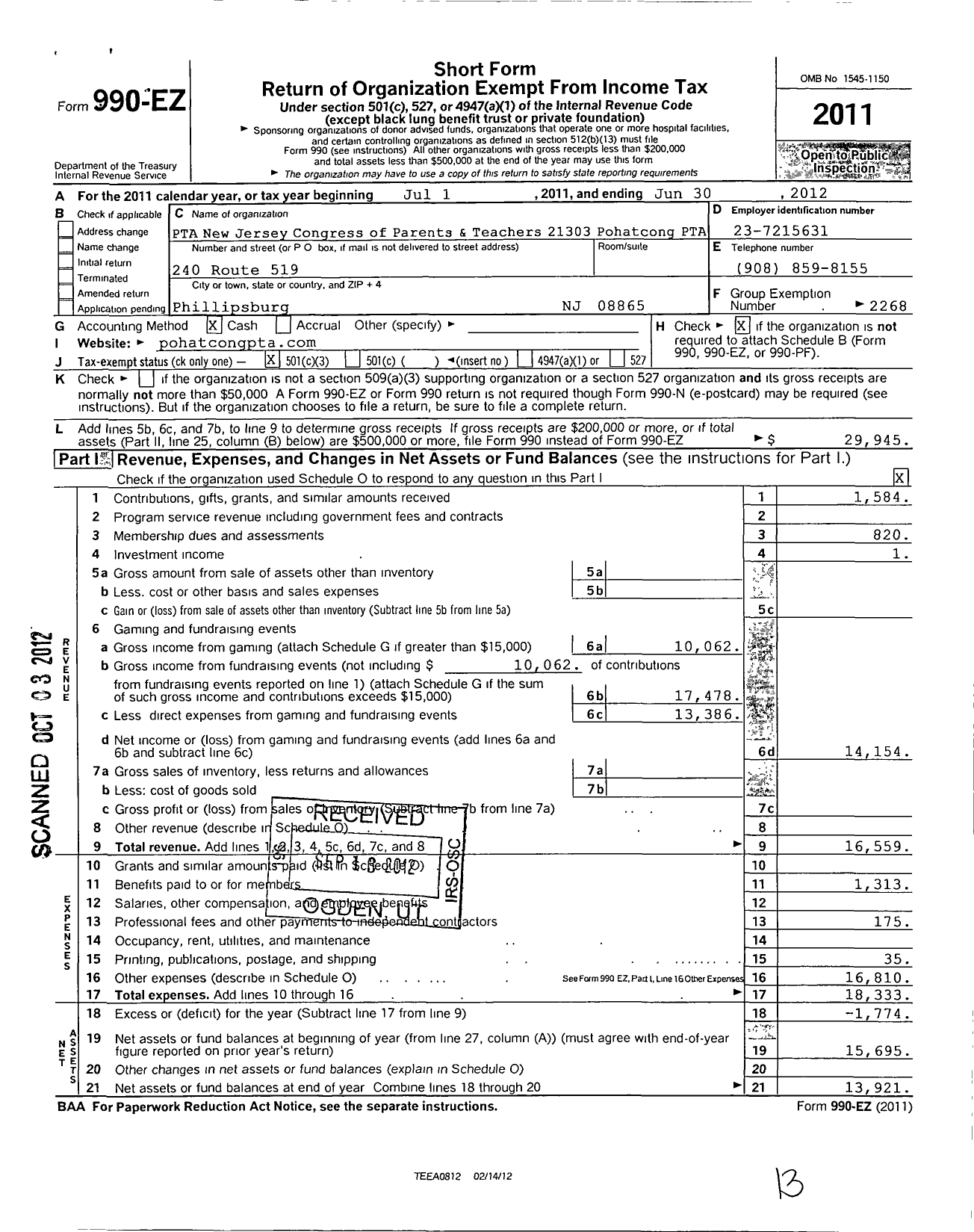 Image of first page of 2020 Form 990EZ for New Jersey PTA - 21303 Pohatcong PTA