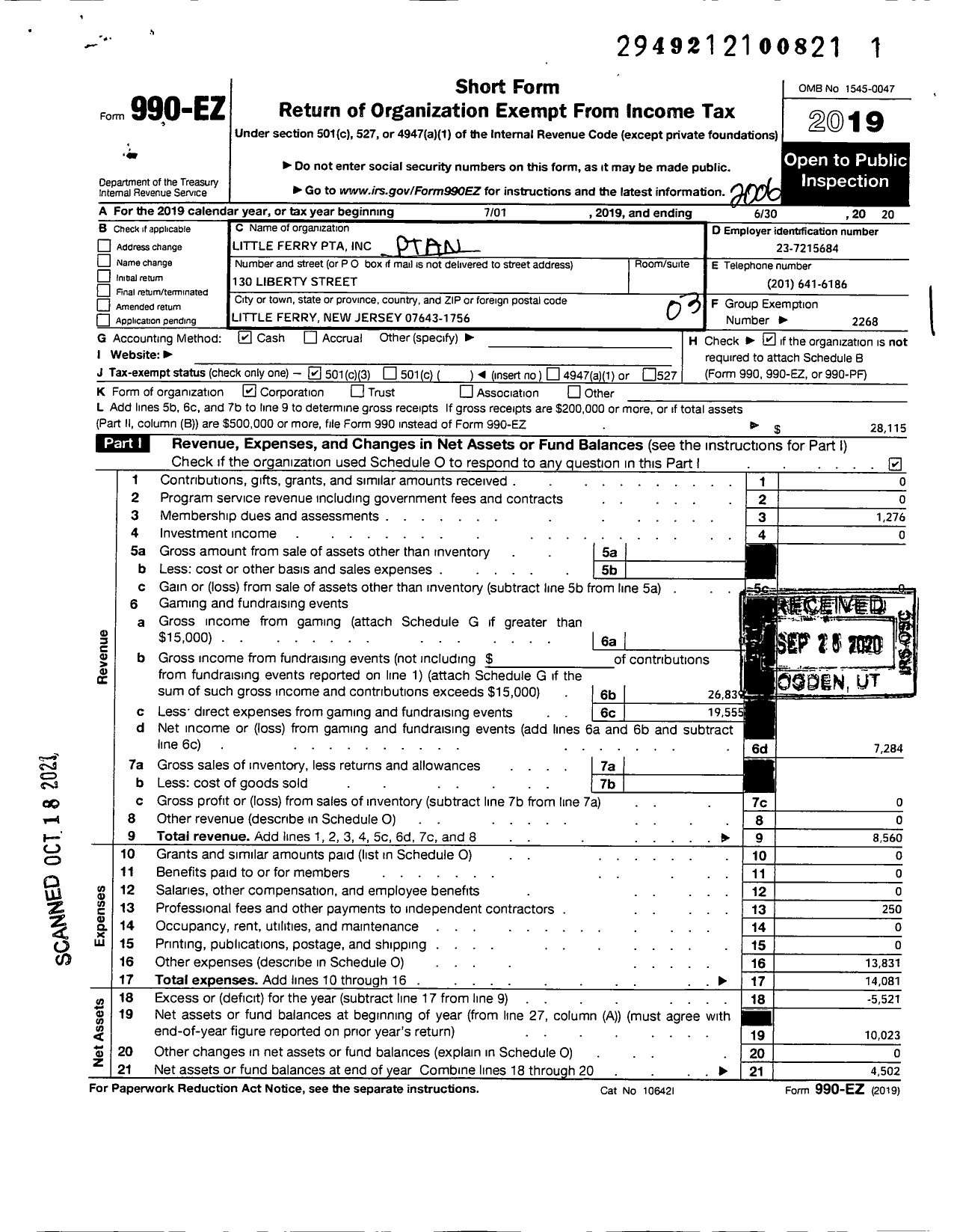 Image of first page of 2019 Form 990EZ for New Jersey PTA - 18801 Little Ferry PTA