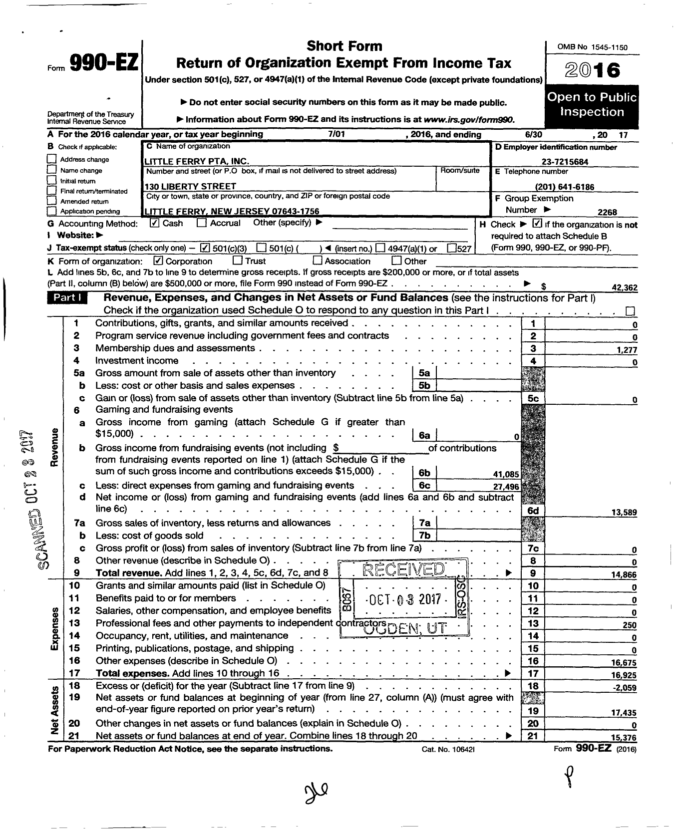 Image of first page of 2016 Form 990EZ for New Jersey PTA - 18801 Little Ferry PTA