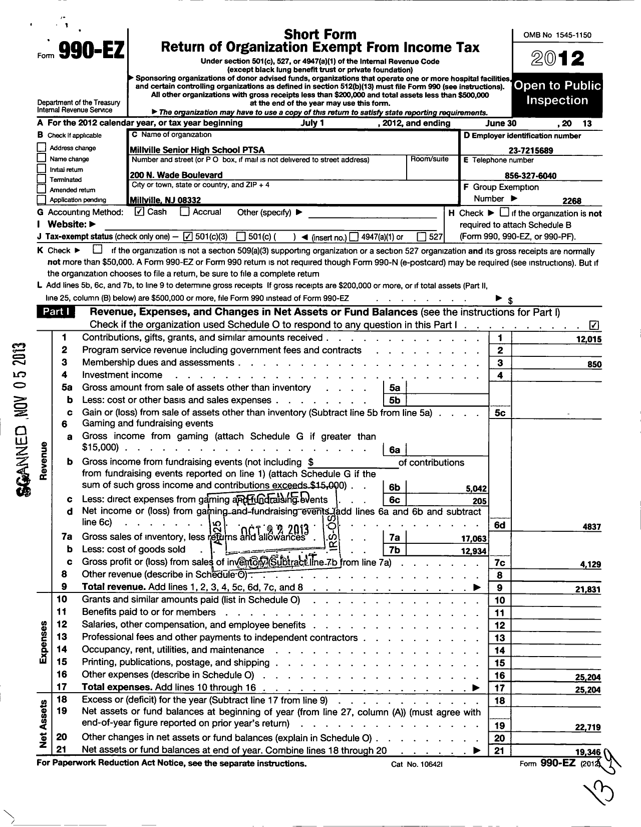 Image of first page of 2012 Form 990EZ for New Jersey PTA - 8071 Millville SR High School PTA