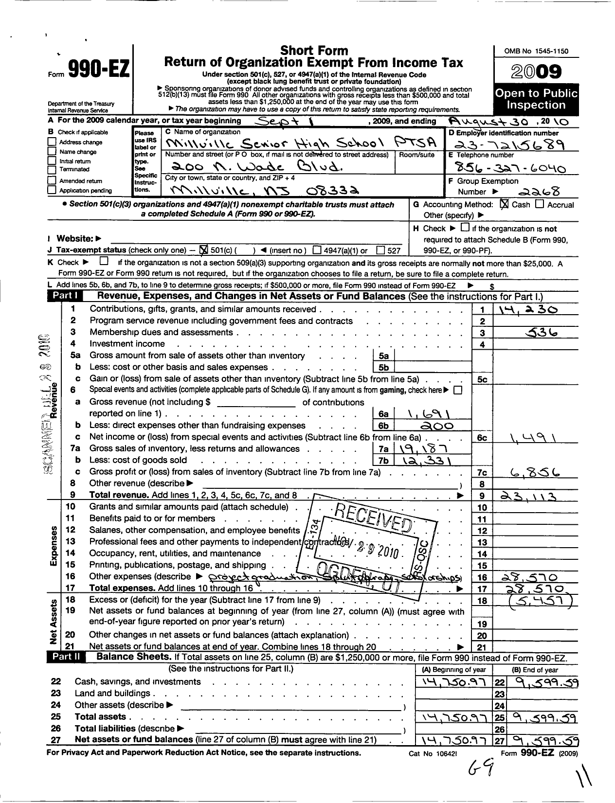 Image of first page of 2009 Form 990EO for New Jersey PTA - 8071 Millville SR High School PTA