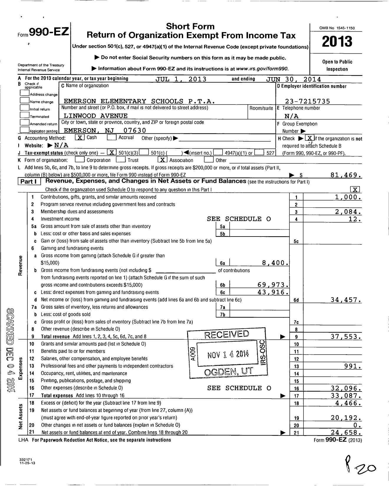 Image of first page of 2013 Form 990EZ for New Jersey PTA - 18798 Emerson Elem PTA