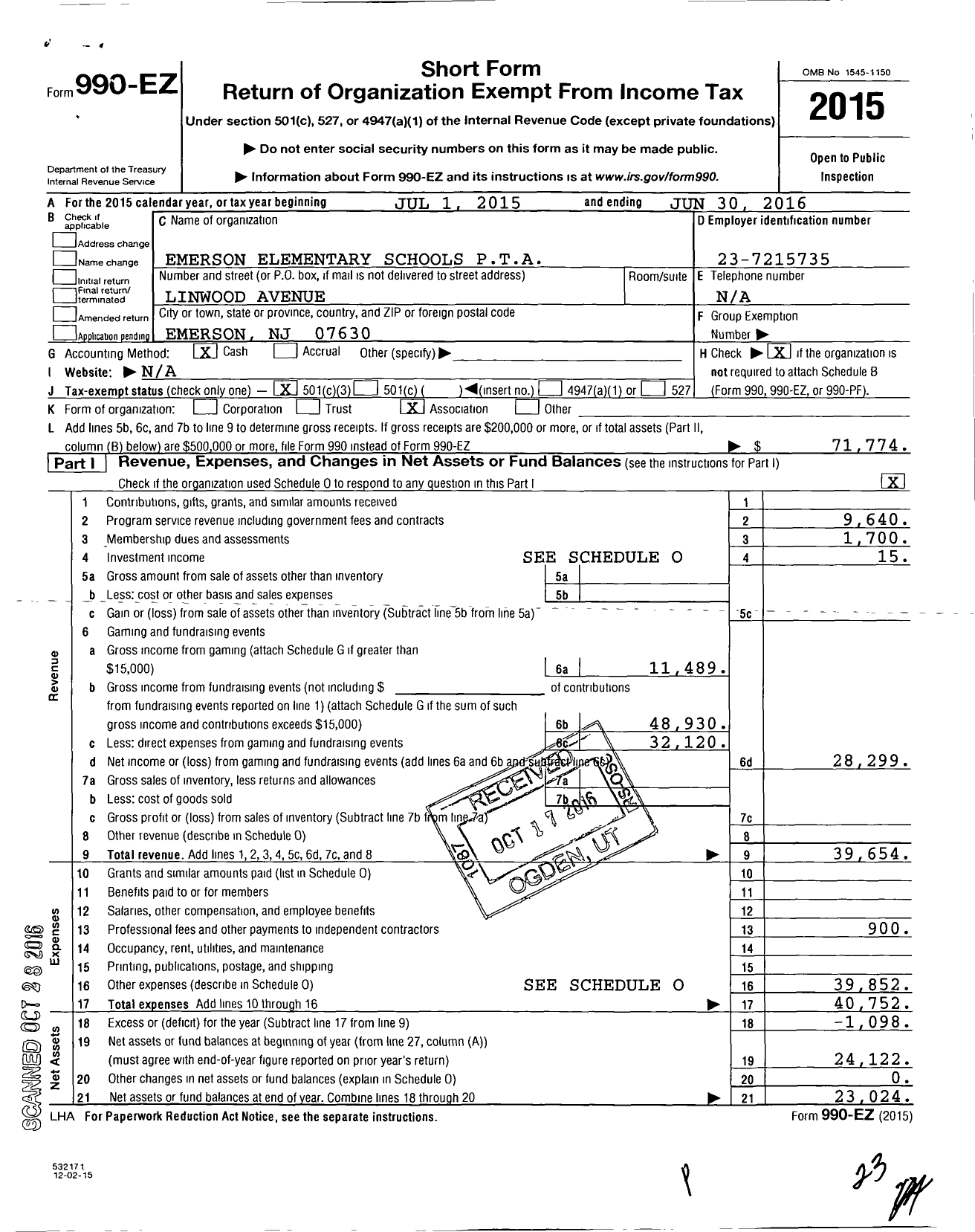 Image of first page of 2015 Form 990EZ for New Jersey PTA - 18798 Emerson Elem PTA