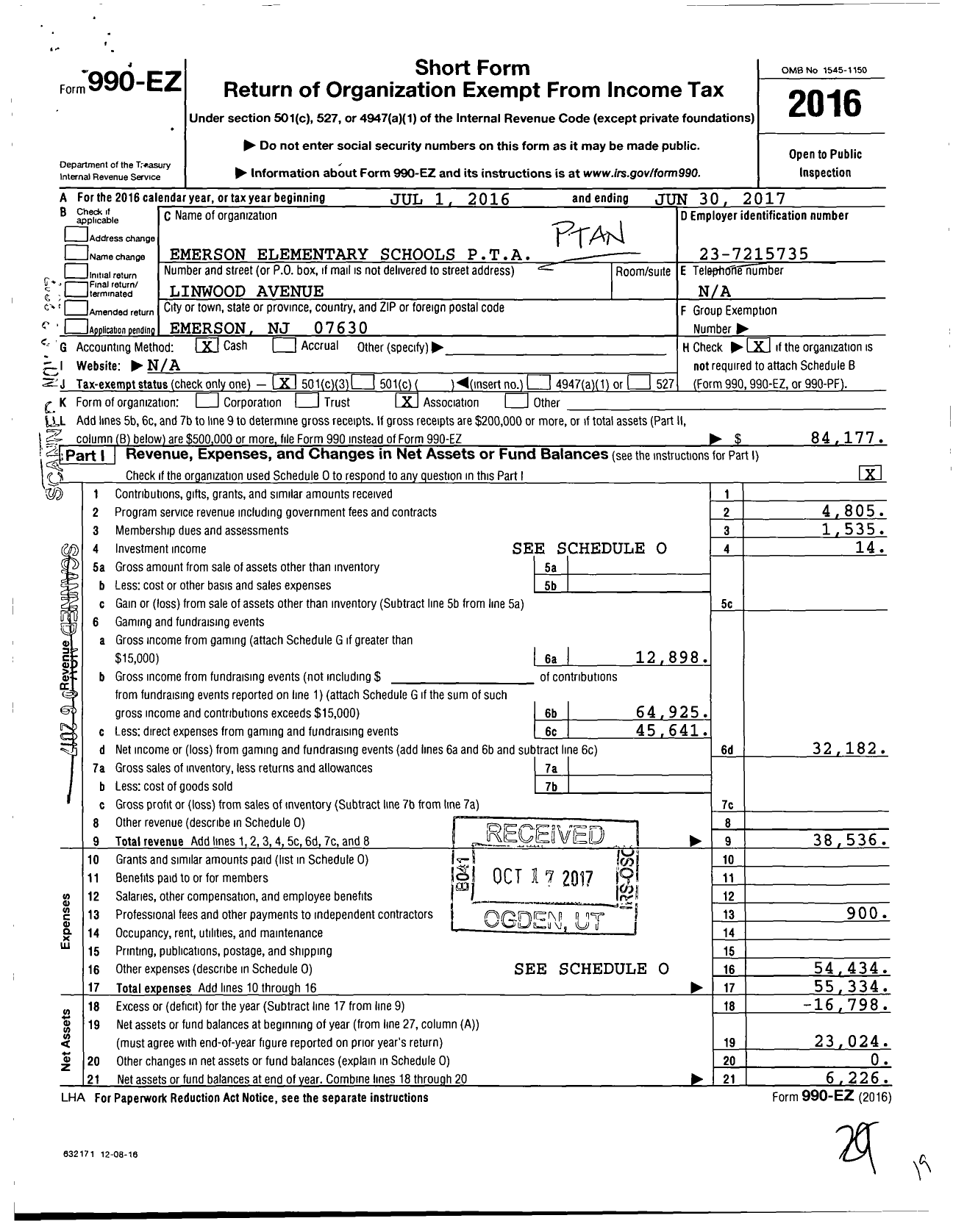 Image of first page of 2016 Form 990EZ for New Jersey PTA - 18798 Emerson Elem PTA