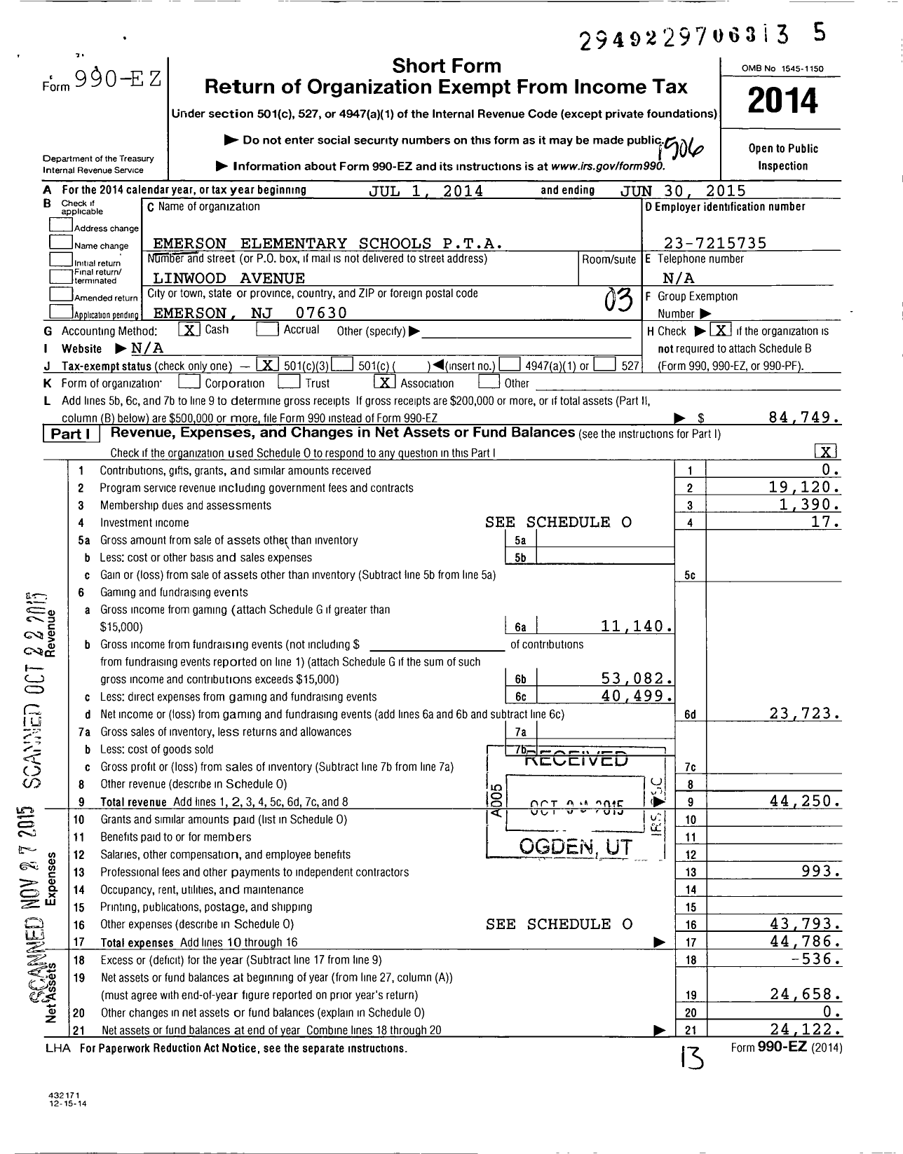 Image of first page of 2014 Form 990EZ for New Jersey PTA - 18798 Emerson Elem PTA