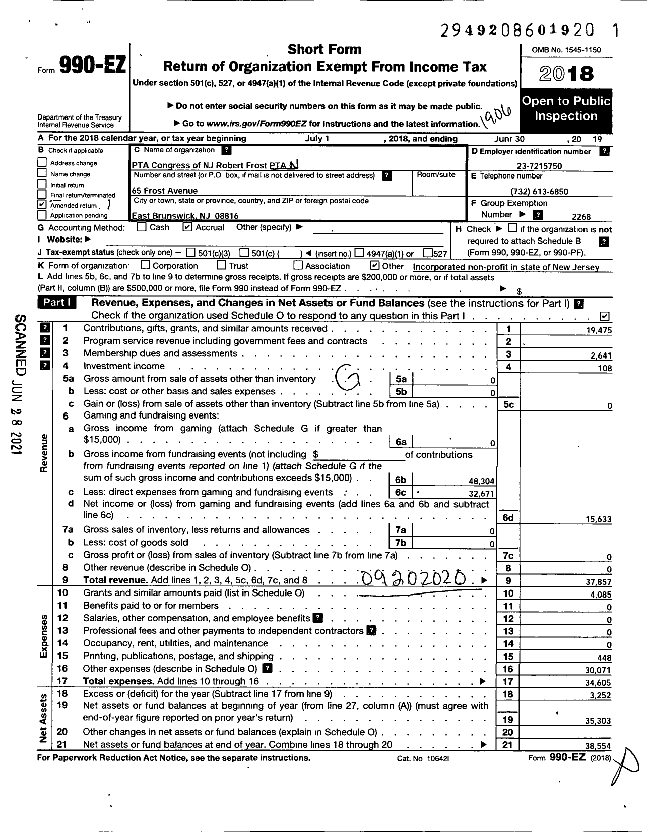 Image of first page of 2018 Form 990EZ for New Jersey PTA - 21250 Robert Frost PTA