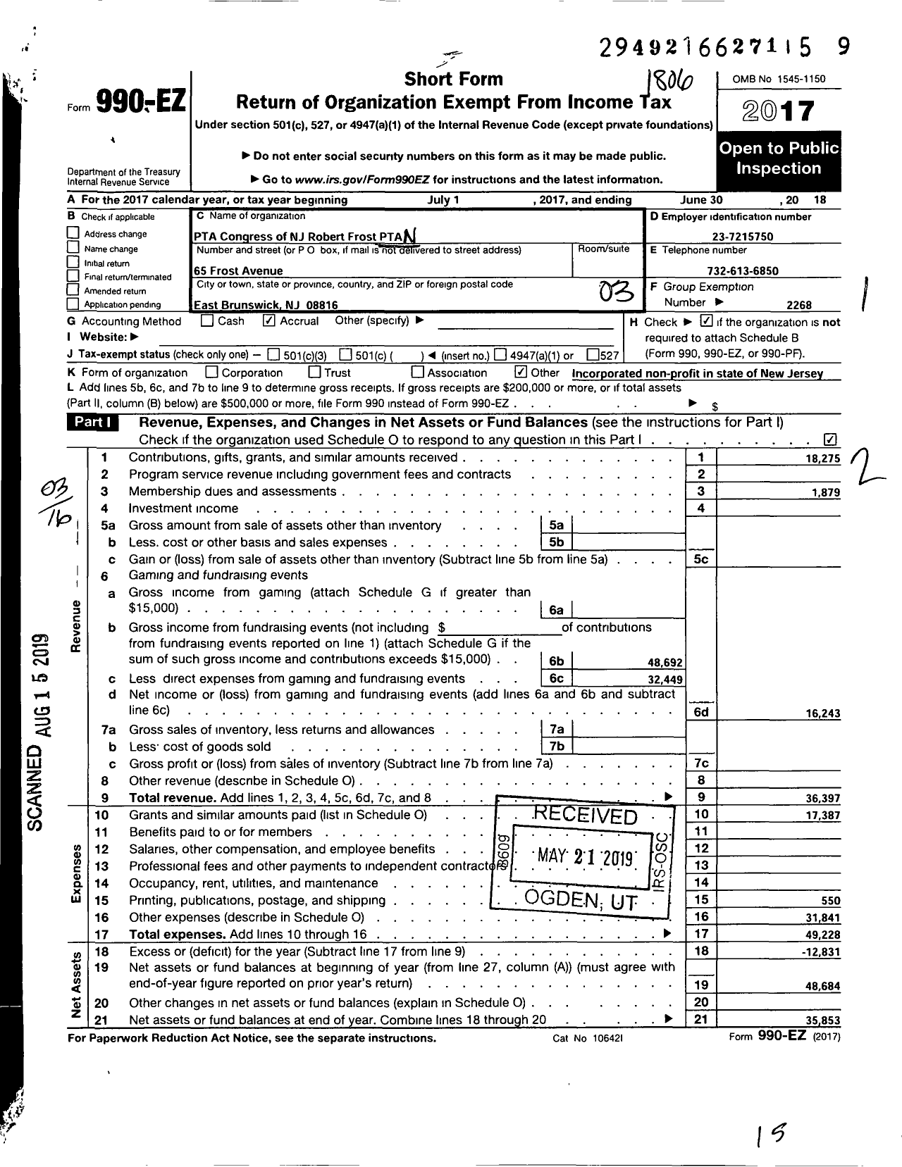 Image of first page of 2017 Form 990EZ for New Jersey PTA - 21250 Robert Frost PTA