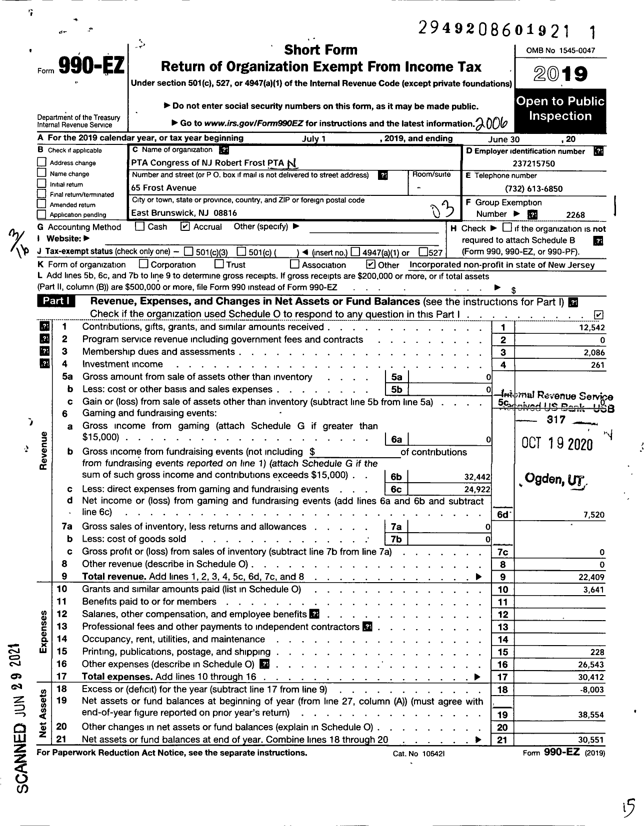 Image of first page of 2019 Form 990EZ for New Jersey PTA - 21250 Robert Frost PTA