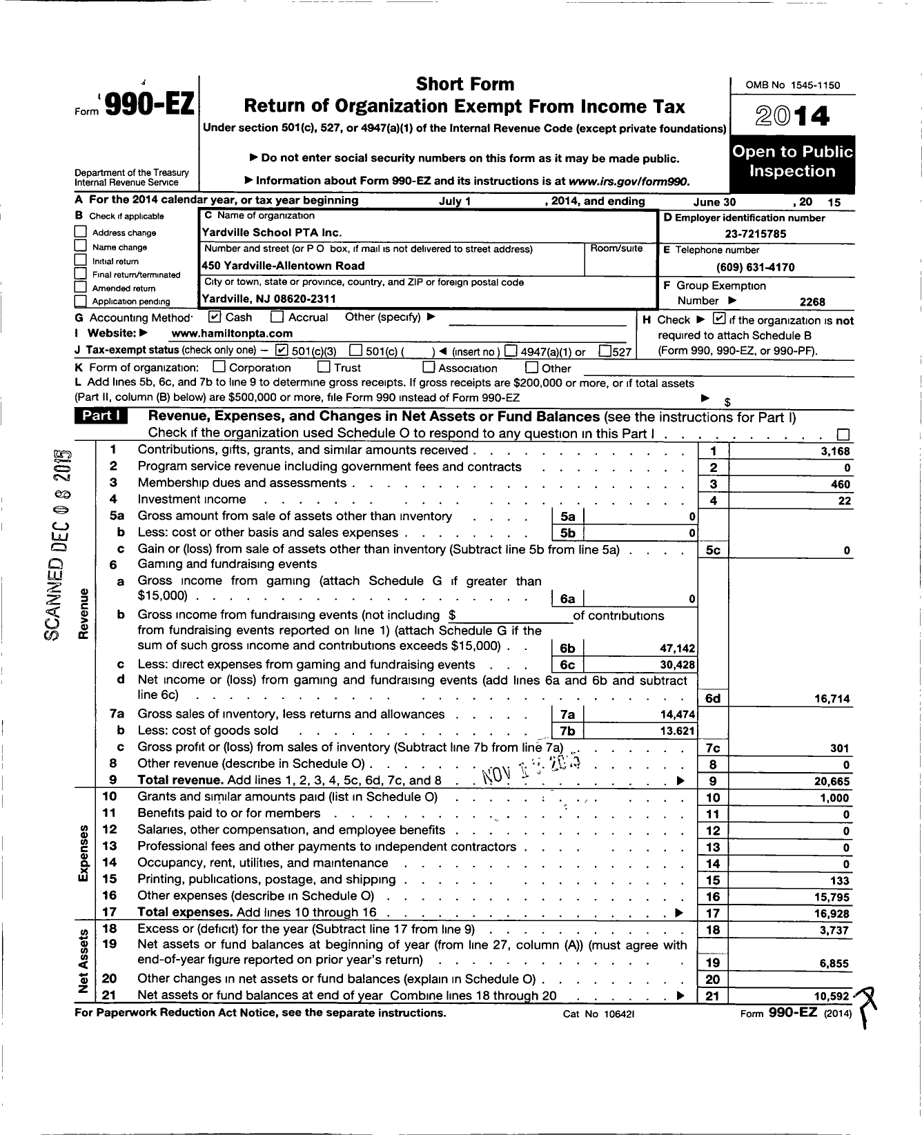 Image of first page of 2014 Form 990EZ for New Jersey PTA - 21240 Yardville School PTA