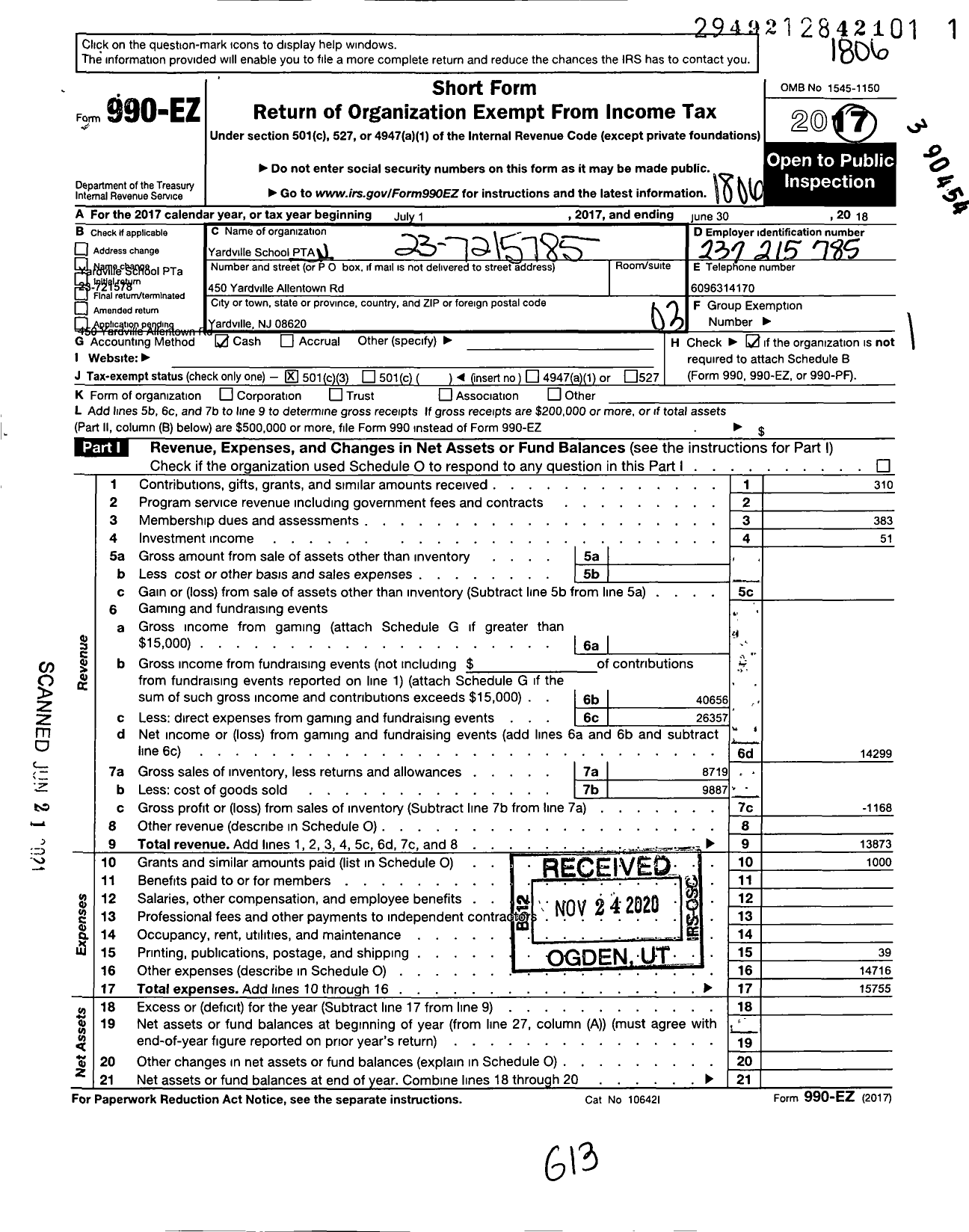 Image of first page of 2017 Form 990EZ for New Jersey PTA - 21240 Yardville School PTA