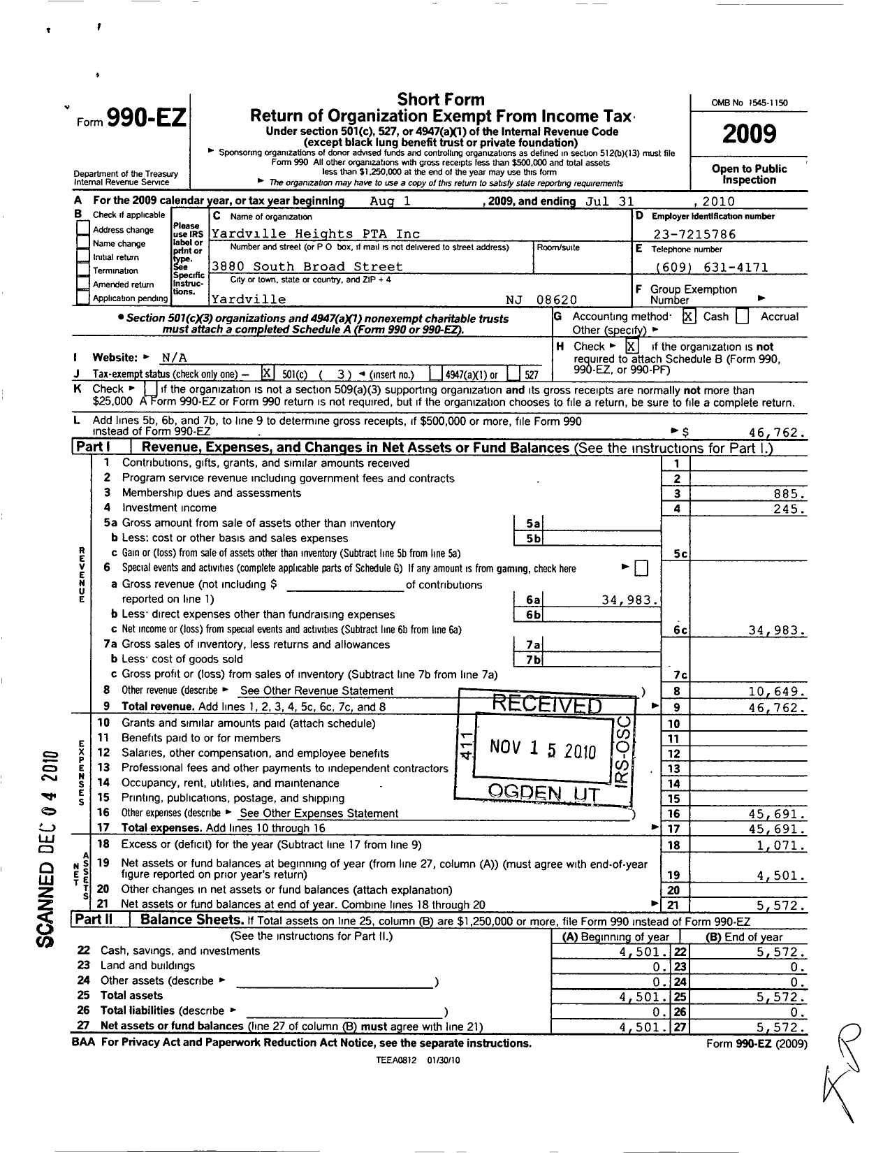 Image of first page of 2009 Form 990EZ for New Jersey PTA - 21197 Yardville Heights PTA