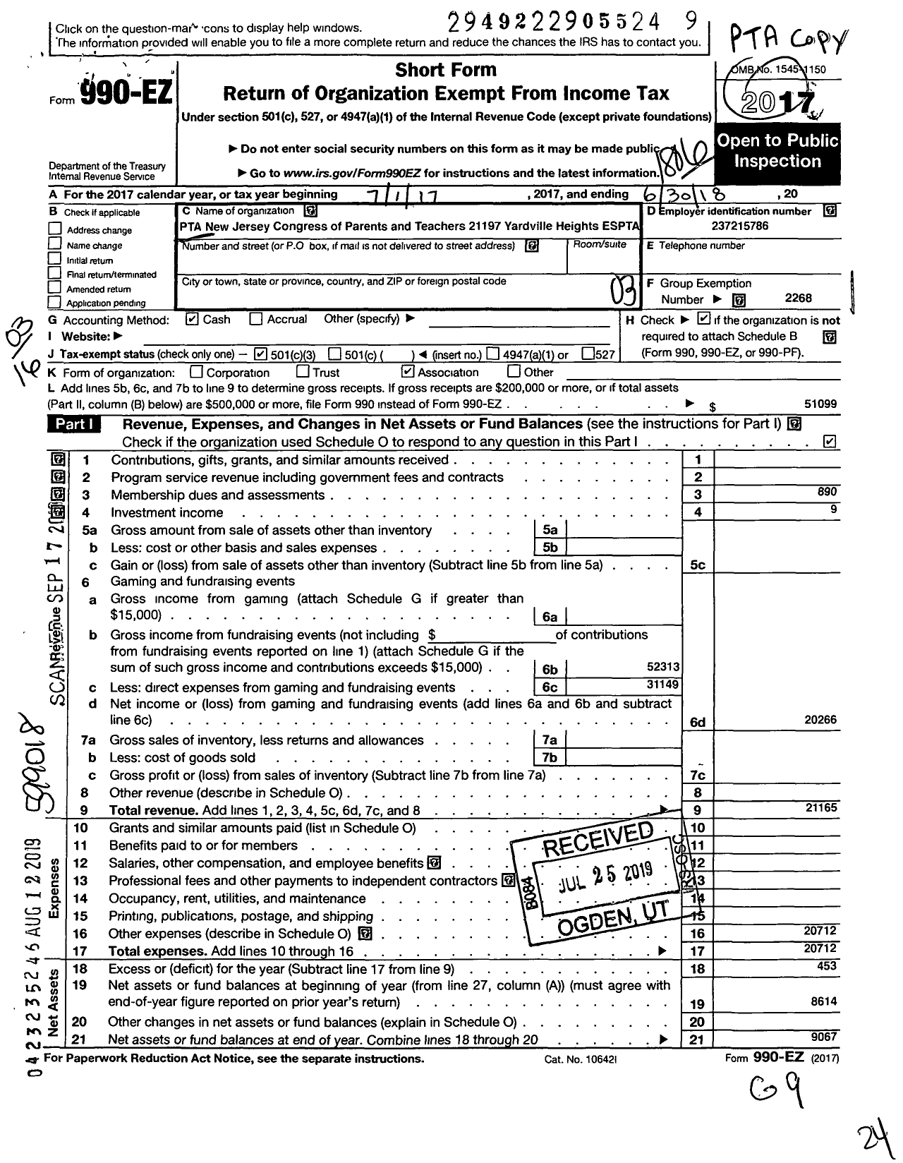 Image of first page of 2017 Form 990EZ for New Jersey PTA - 21197 Yardville Heights PTA